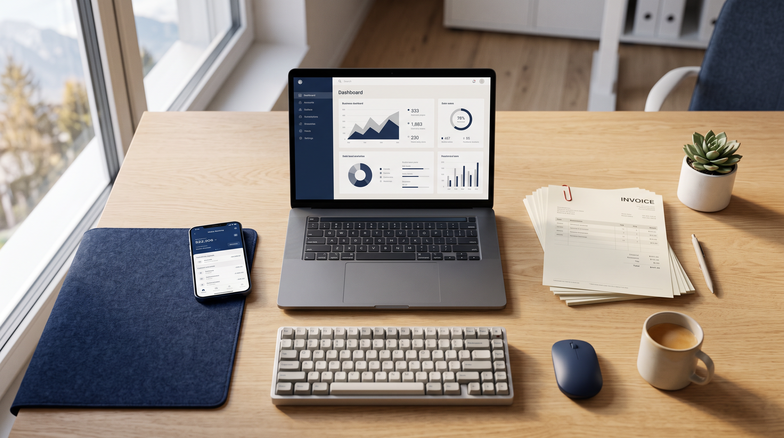 Bureau d'une PME romande avec ordinateur portable affichant un tableau de bord financier, factures papier et smartphone bancaire.