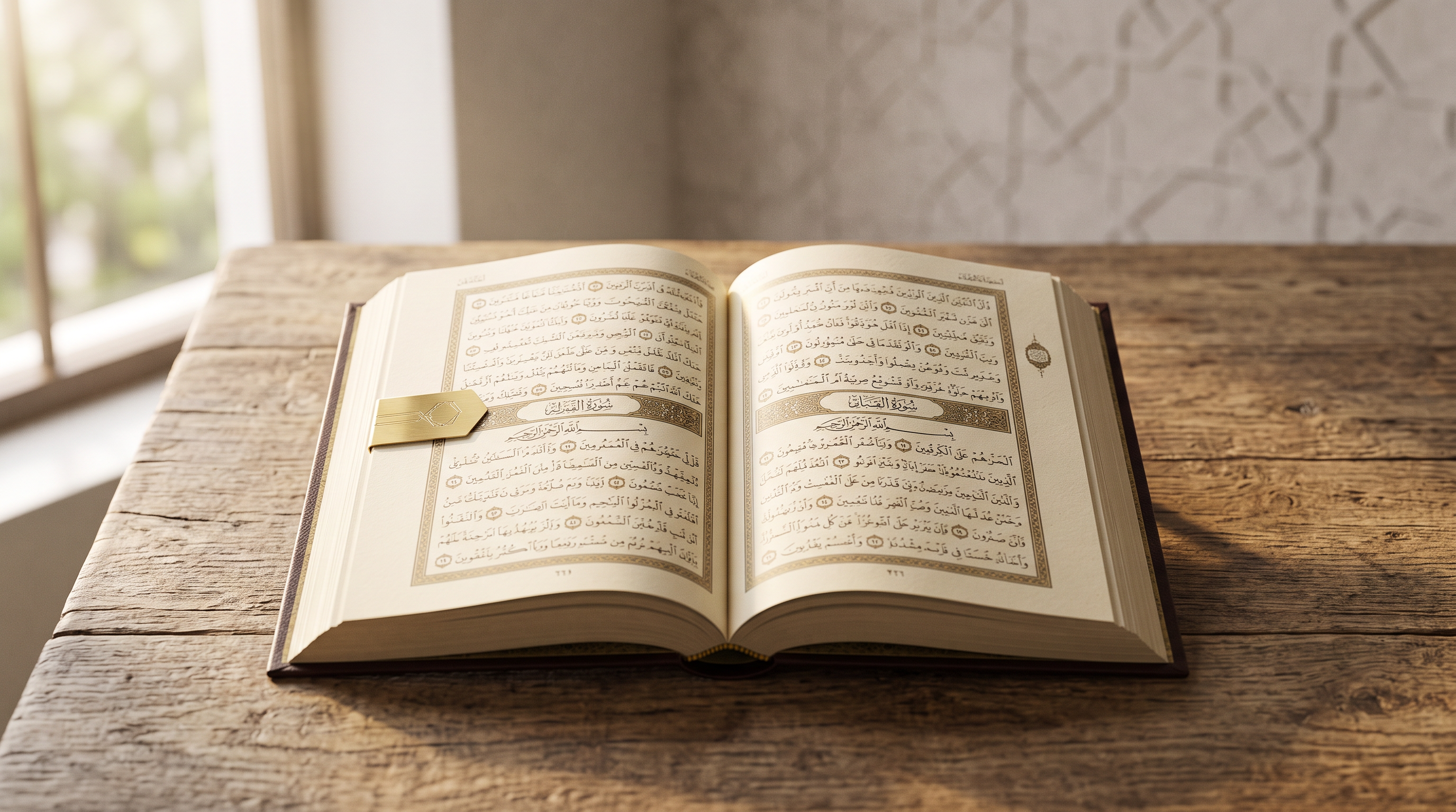 Open Qur'an on a wooden table in warm morning light, symbolising the study of the 99 Names of Allah.