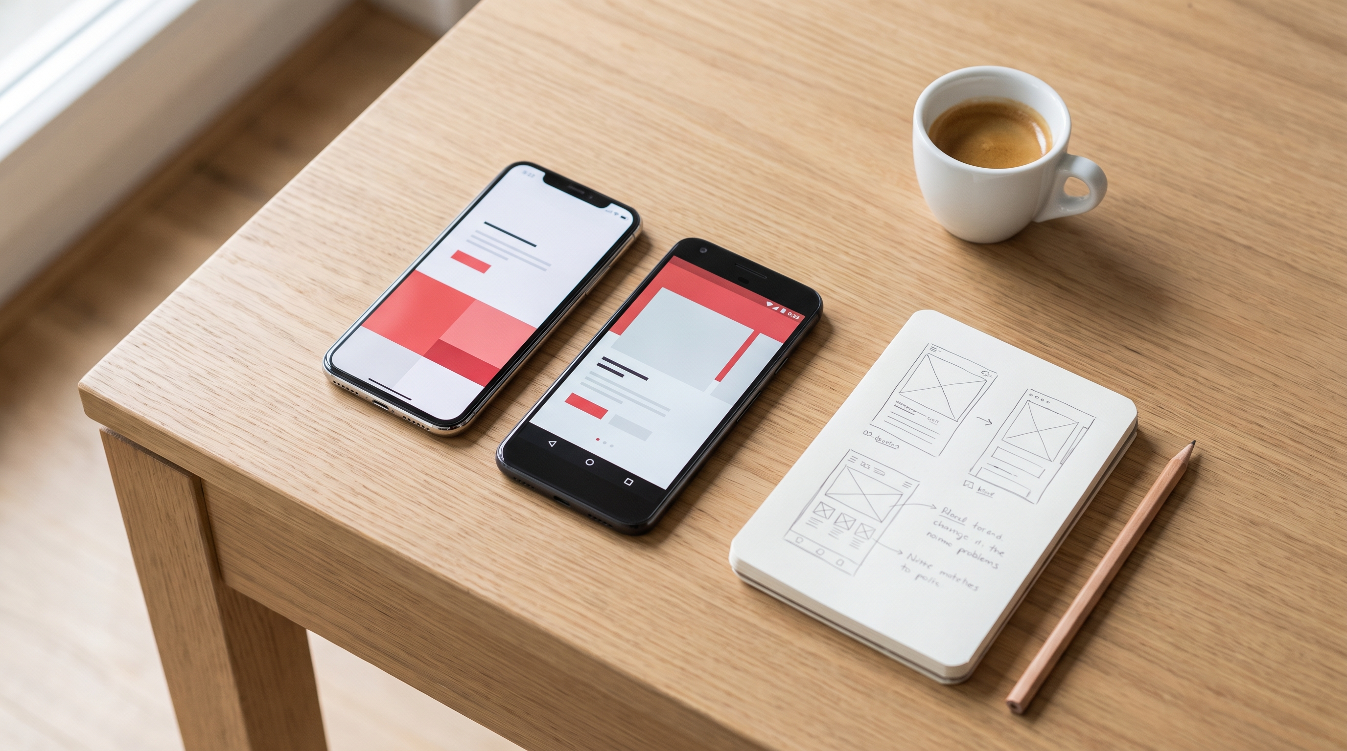 Un iPhone et un smartphone Android posés côte à côte sur un bureau en bois clair avec un carnet de wireframes, illustrant le choix entre iOS et Android pour une PME suisse.