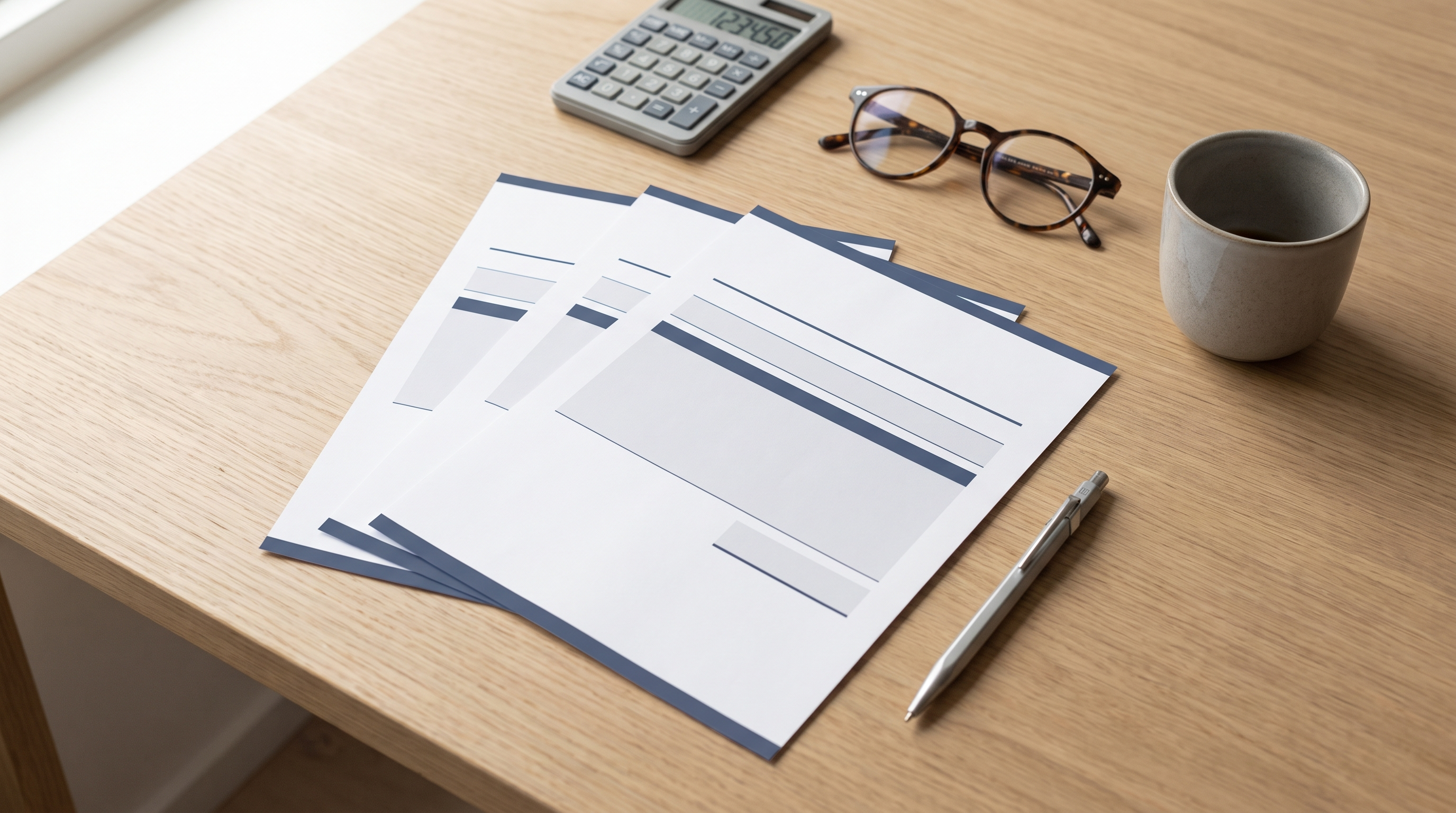 Trois devis de site internet imprimés posés sur un bureau clair avec un stylo, une calculatrice et une tasse de café.