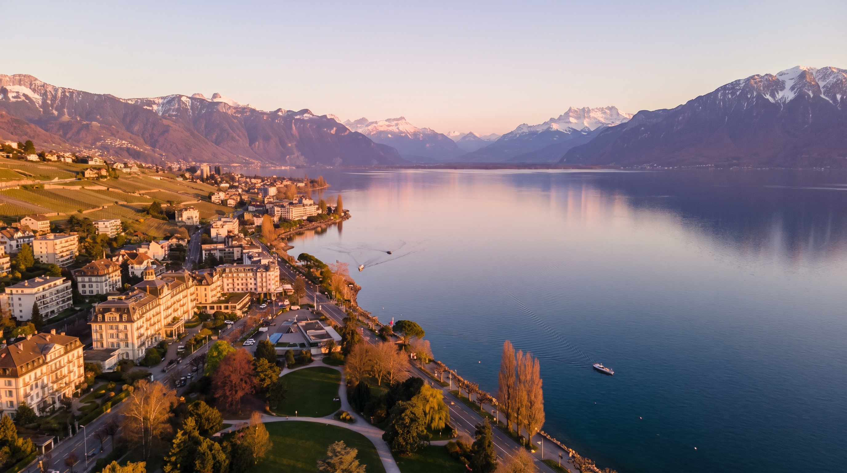 Vue aérienne de la Riviera vaudoise entre Vevey et Montreux au bord du Léman.
