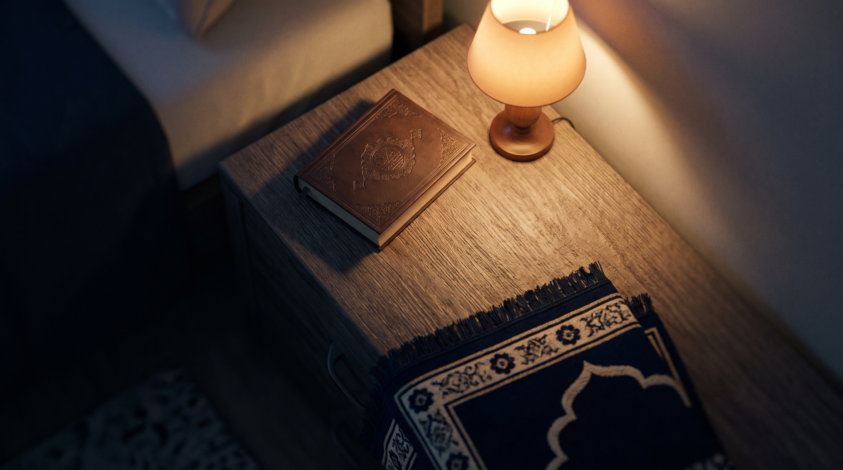 A closed Qur'an on a wooden bedside table beside a warm lamp at night, evoking the calm of the sunnah bedtime routine.