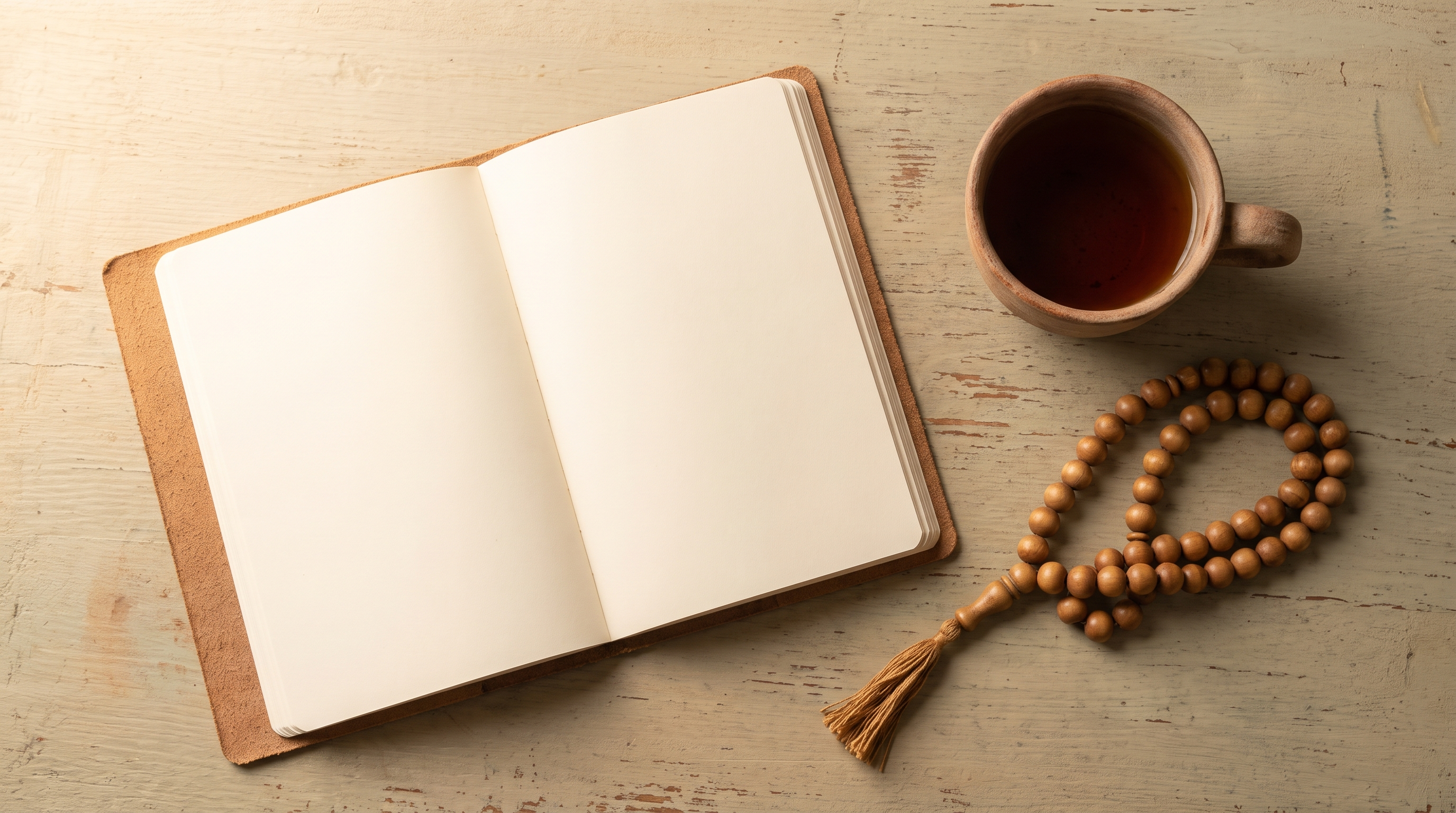 An open notebook next to a strand of tasbih beads and a cup of tea in soft morning light, symbolising quiet daily reflection.