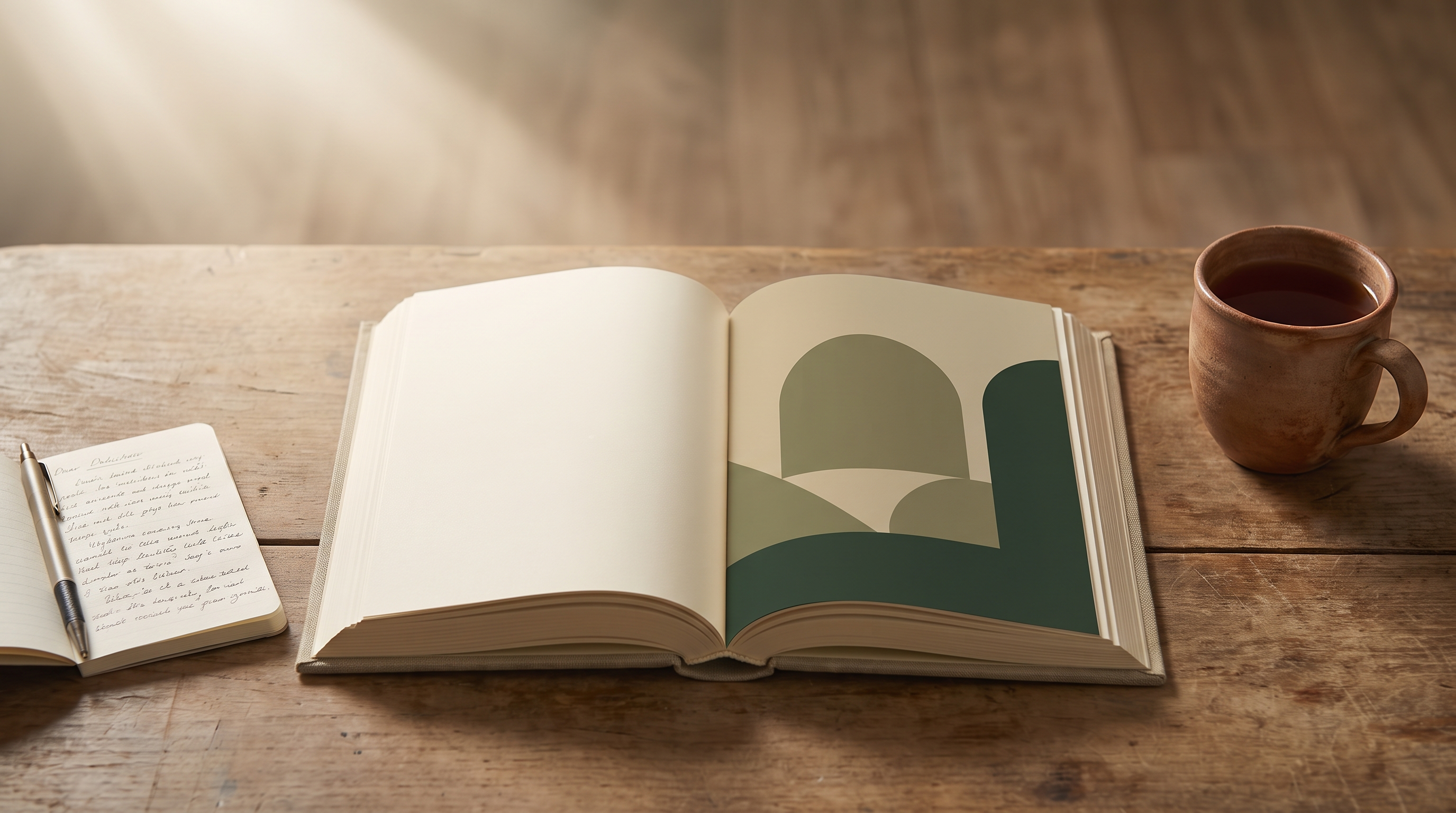Open Qur'an on a wooden table with a small notebook and cup of tea in soft morning light.