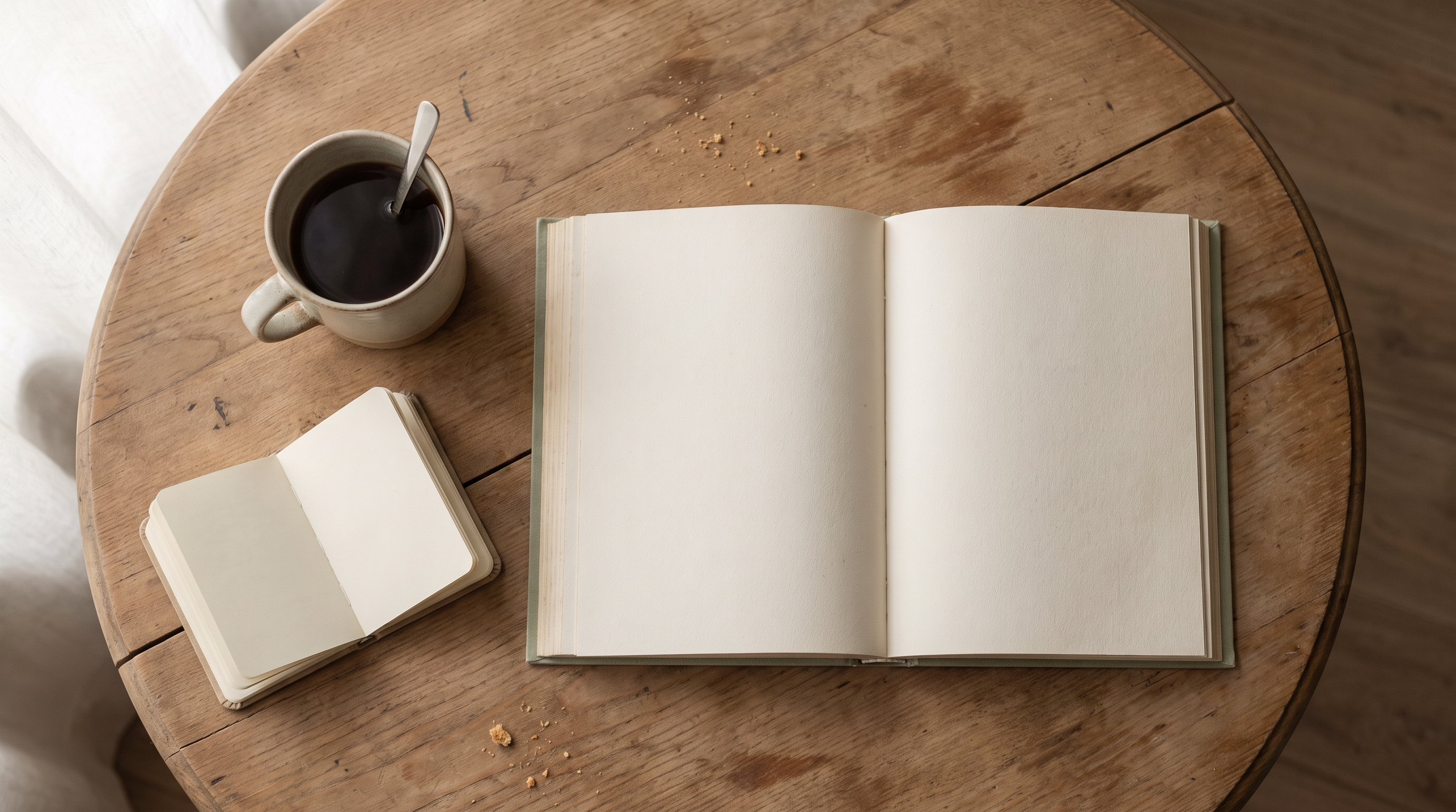 An open Qur'an on a wooden table beside a small notebook and cup of tea in soft morning light.