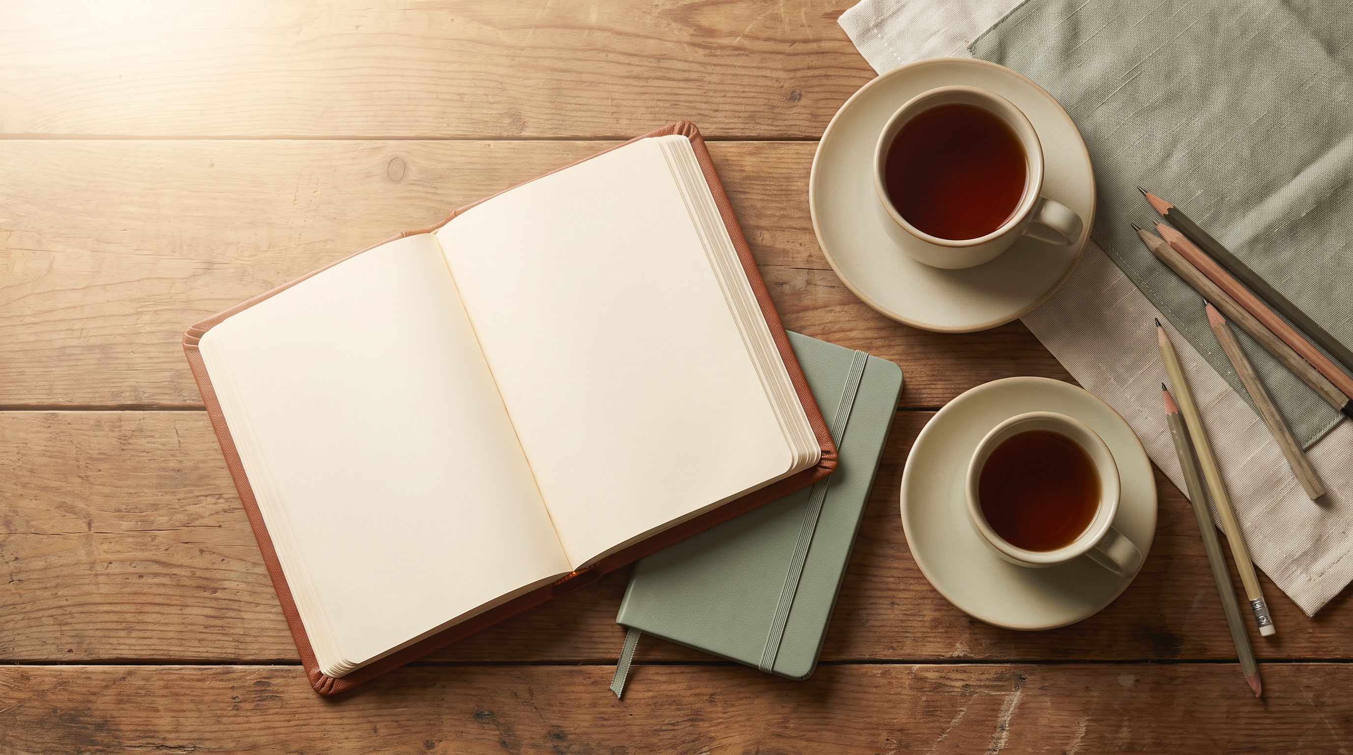 Open Qur'an on a wooden desk with a notebook and cup of tea in soft morning light.