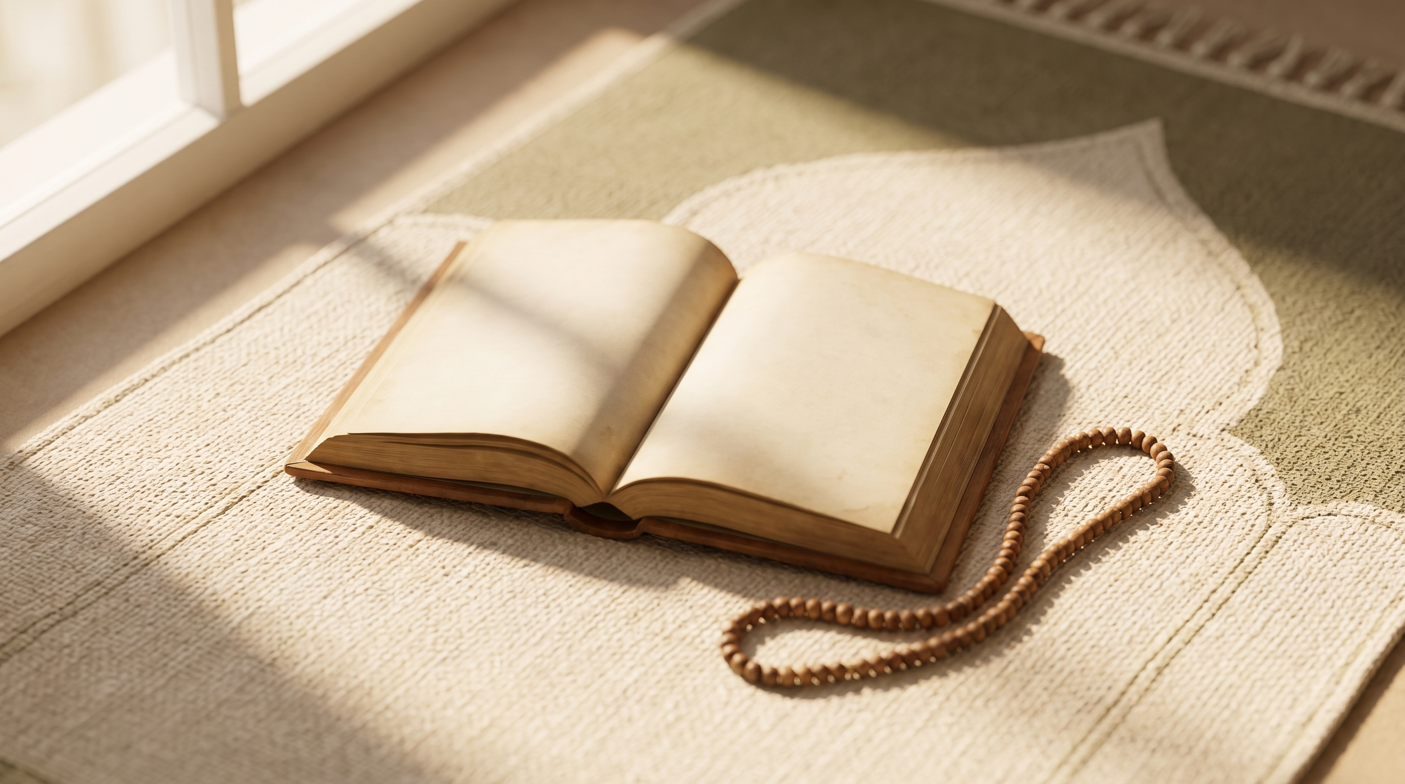 Vue de dessus d'un Qur'an ouvert sur un tapis de prière crème avec un tasbih, éclairé par une lumière douce du matin.