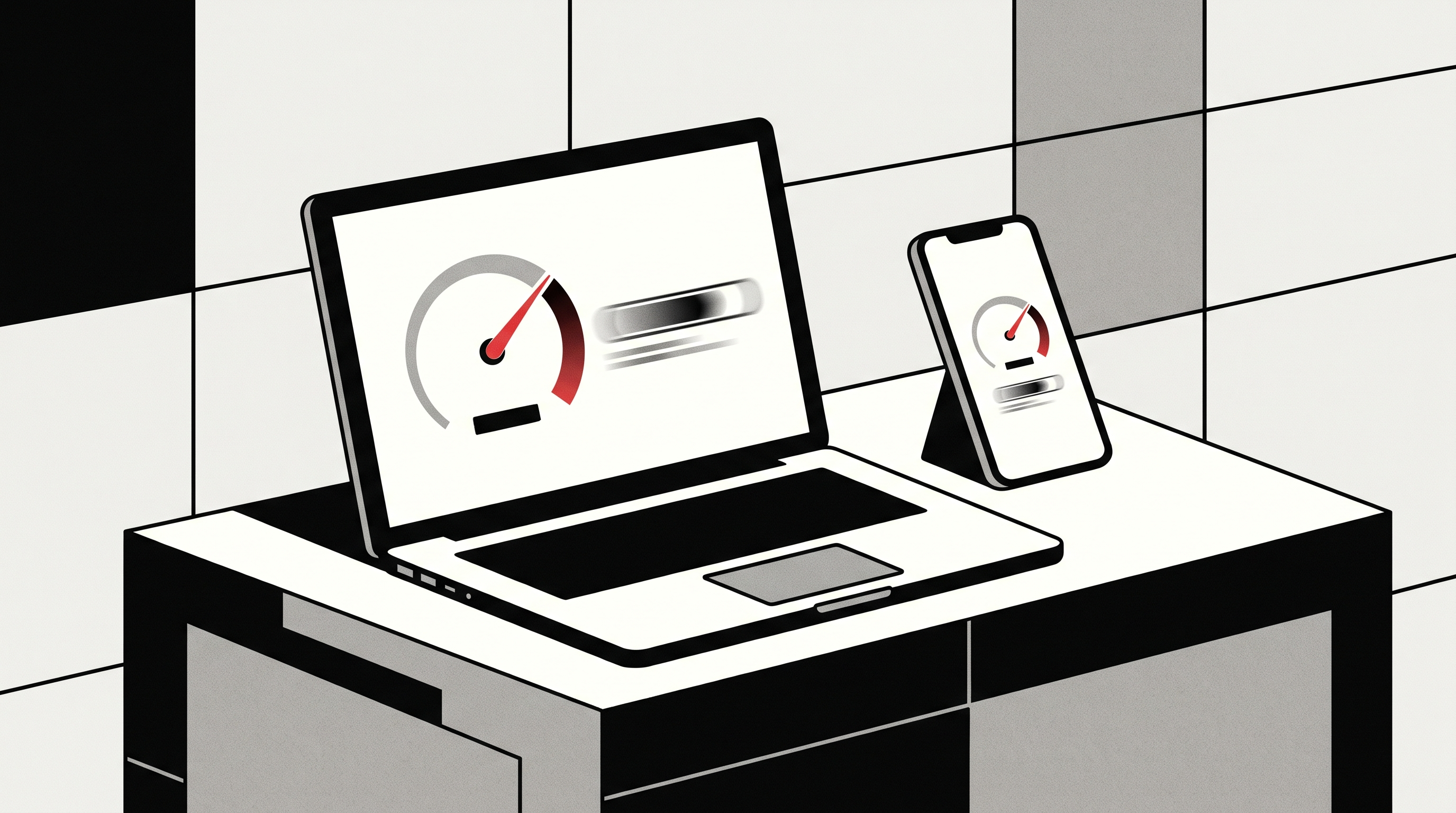 Illustration d'un site web se chargeant très rapidement sur ordinateur et mobile, style suisse minimaliste.