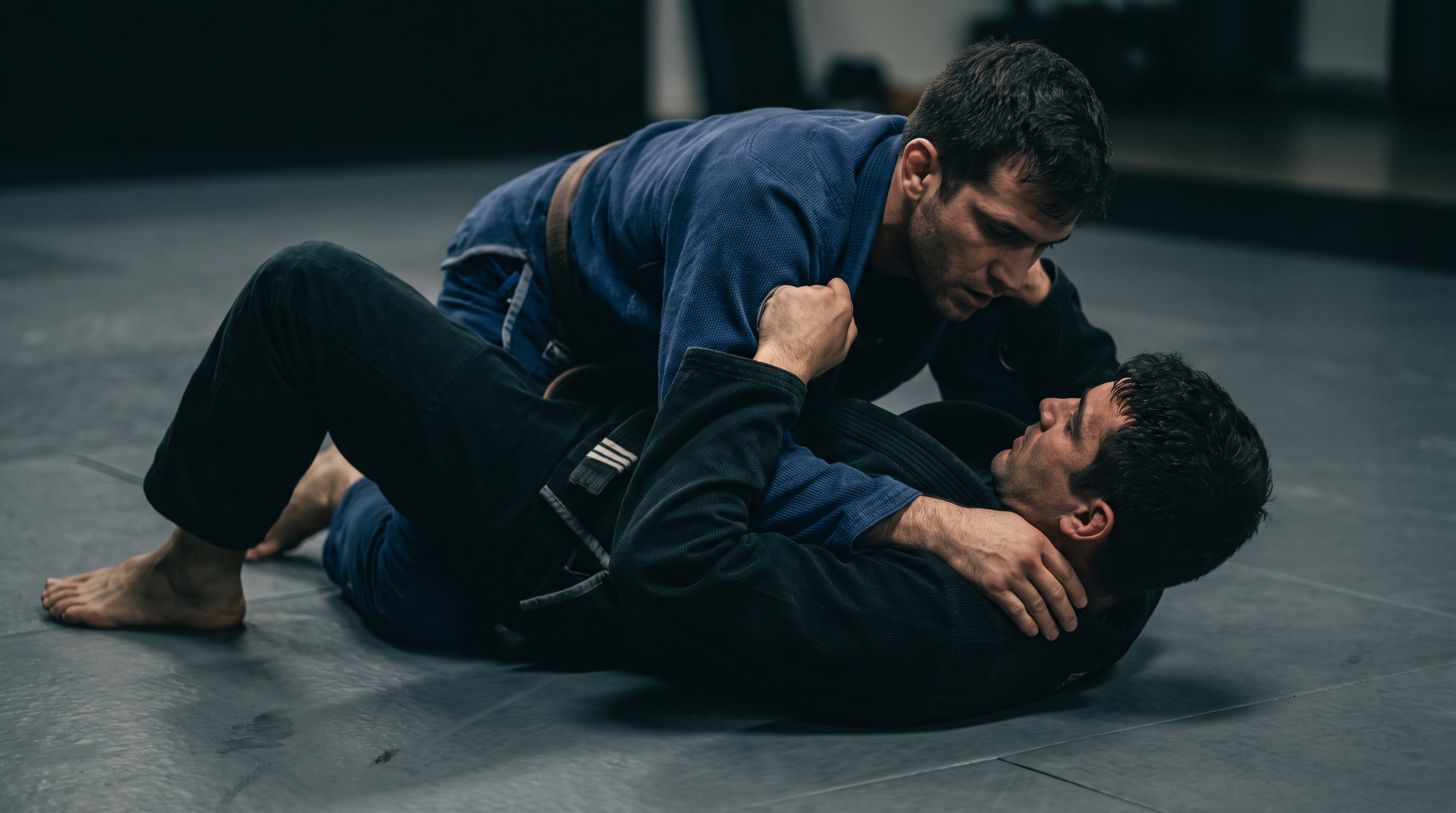 BJJ white belt framing on the neck and far hip from bottom side control.