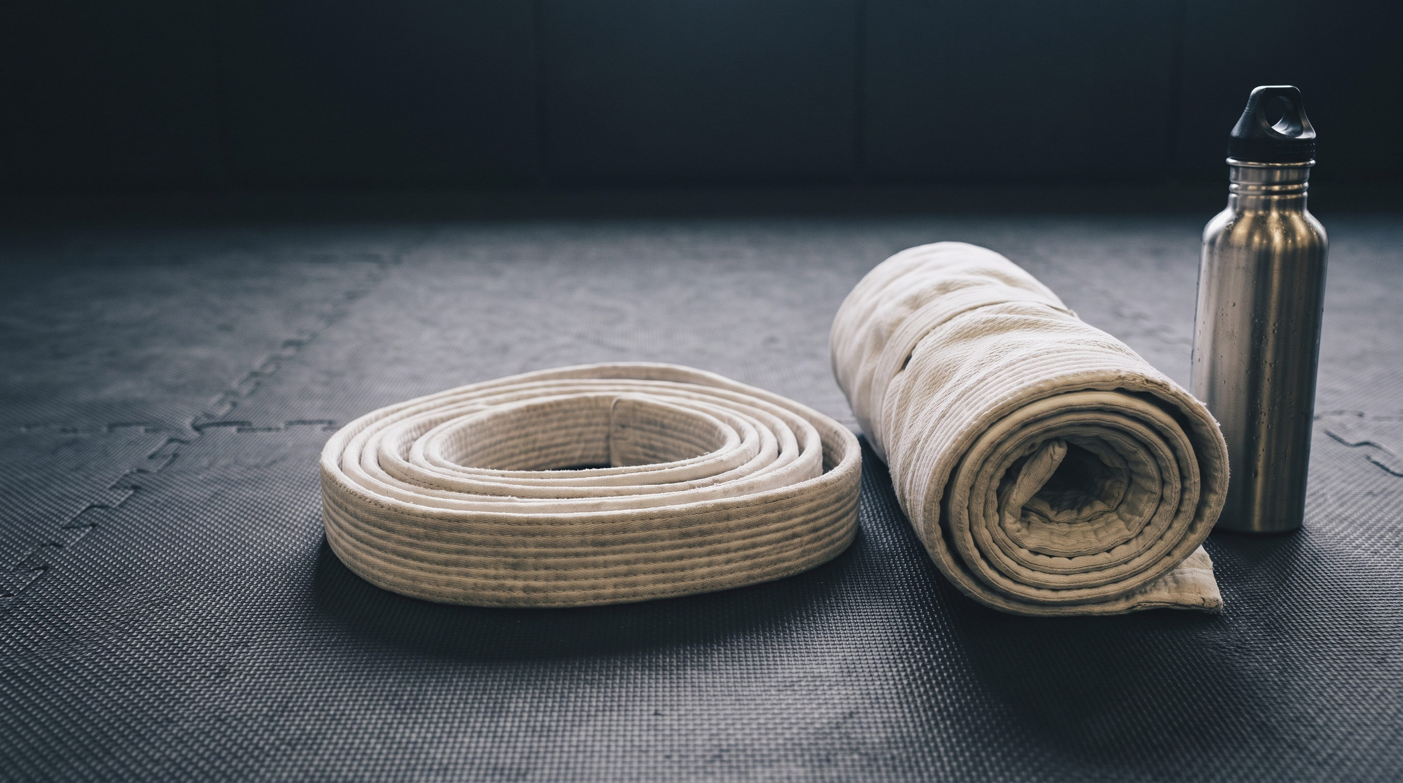 Folded white BJJ belt, gi, and water bottle laid out on a dark training mat before a first Brazilian Jiu-Jitsu class.