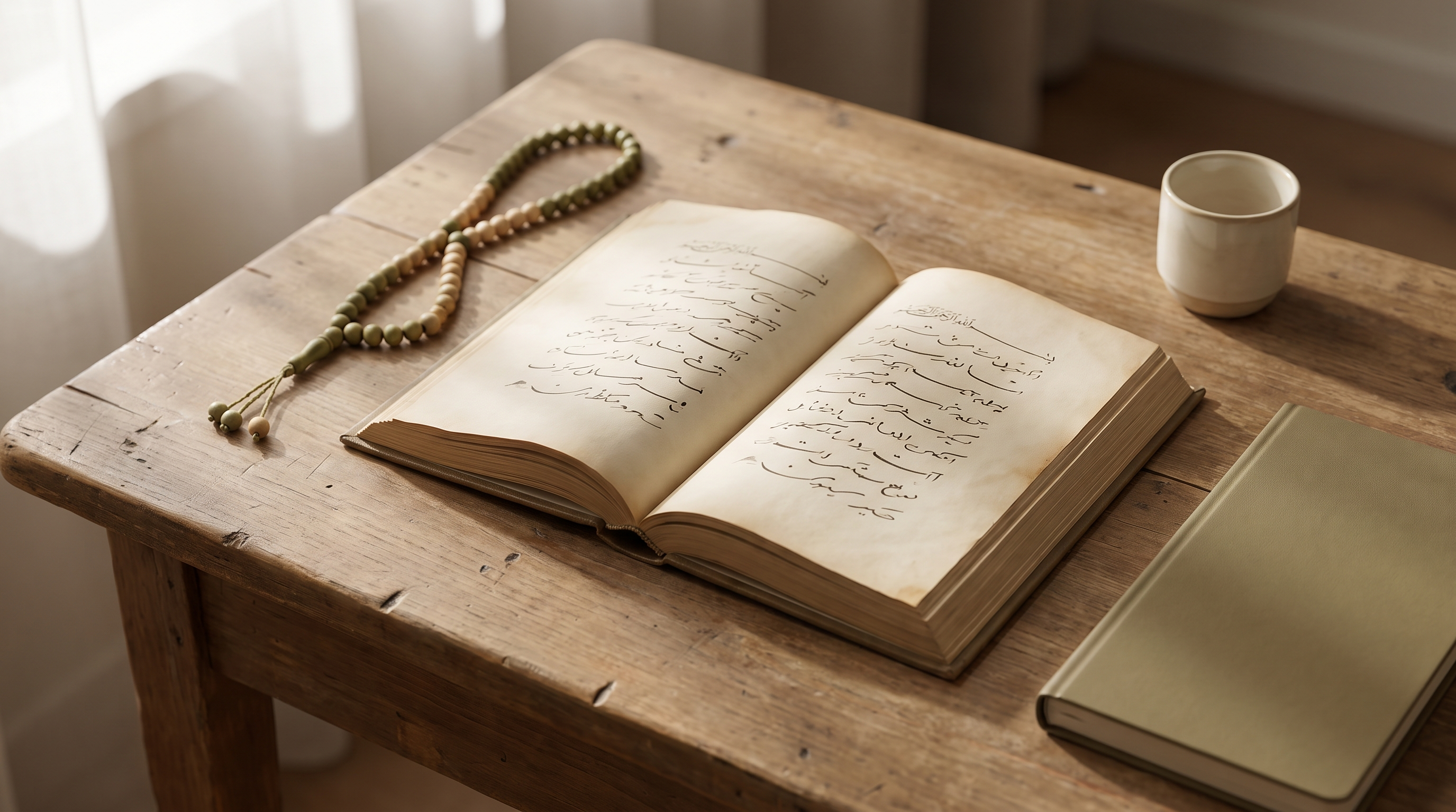 Overhead view of an open Qur'an on a wooden desk in soft morning light, with a tasbih and notebook nearby, symbolising a calm daily memorization routine.