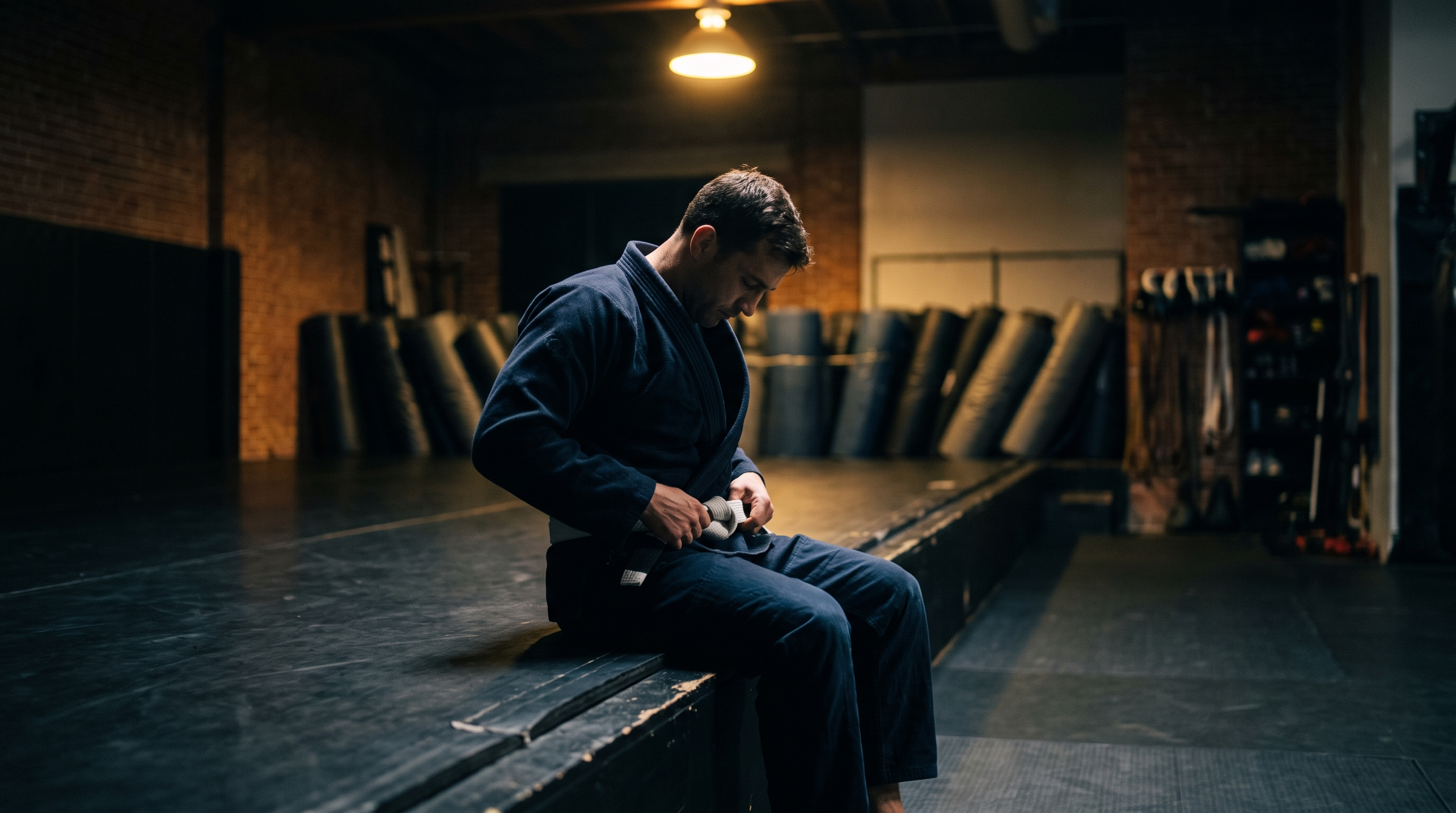 Adult BJJ practitioner in a navy gi tying a white belt on the edge of an empty academy mat