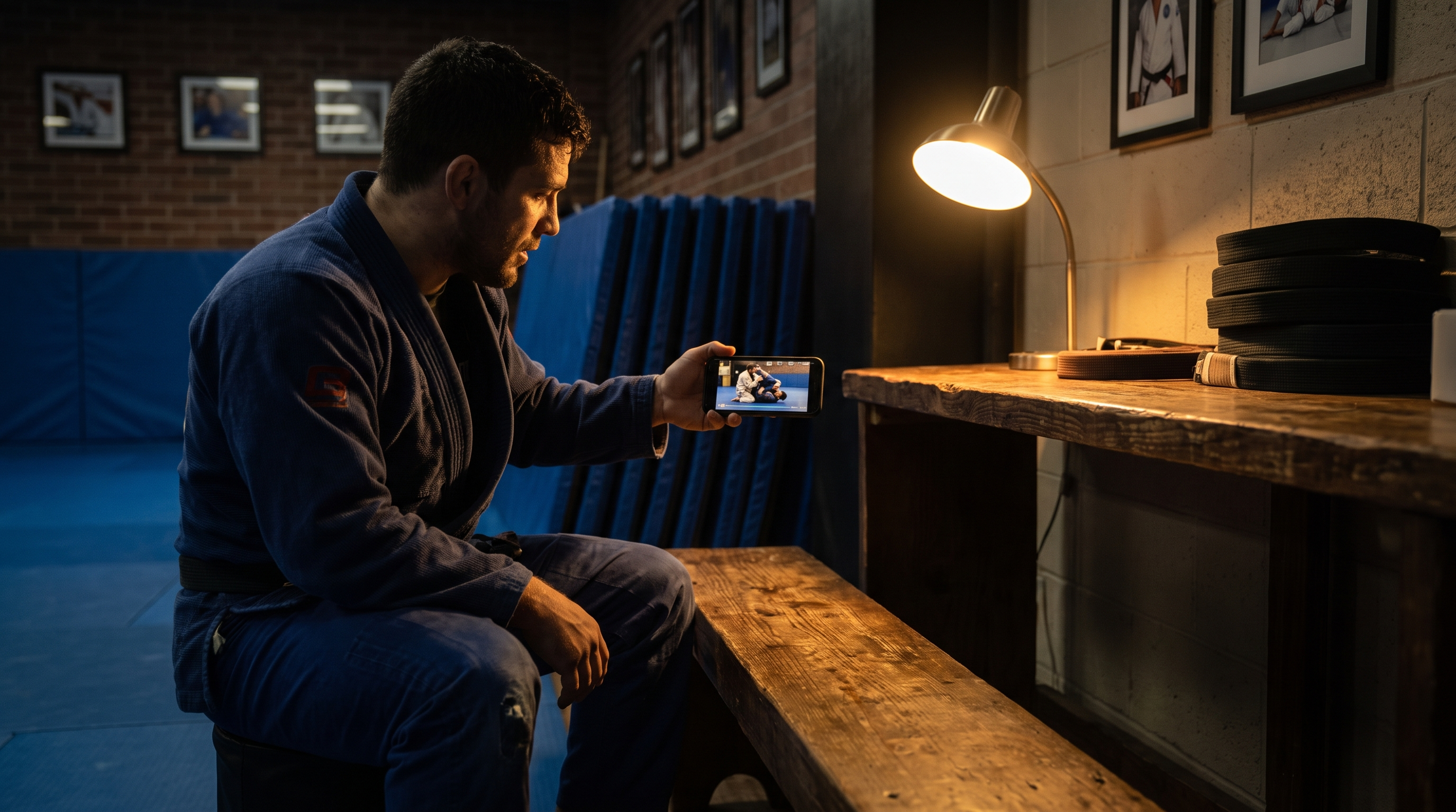 A jiu-jitsu practitioner reviewing a paused BJJ instructional video on a phone at the edge of the mats.