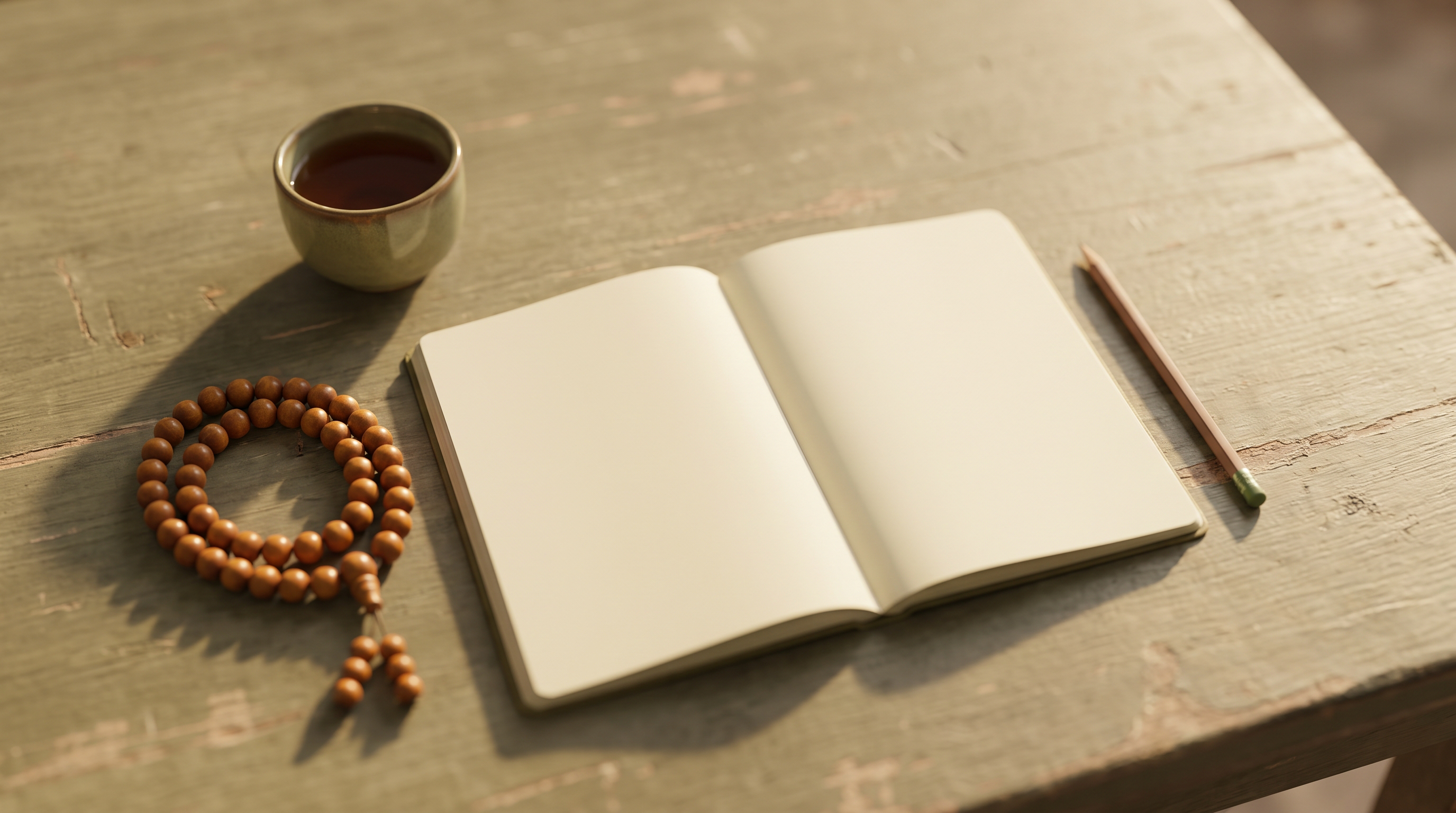Overhead view of an open notebook, a cup of tea, and prayer beads on a wooden desk in warm morning light.