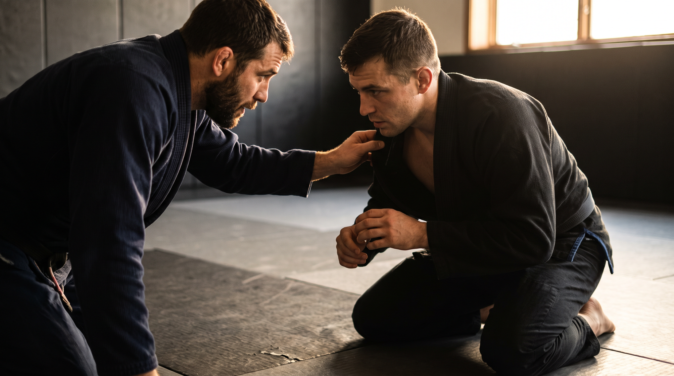 Two BJJ practitioners drilling a grip and sweep sequence on a dark mat in moody lighting.
