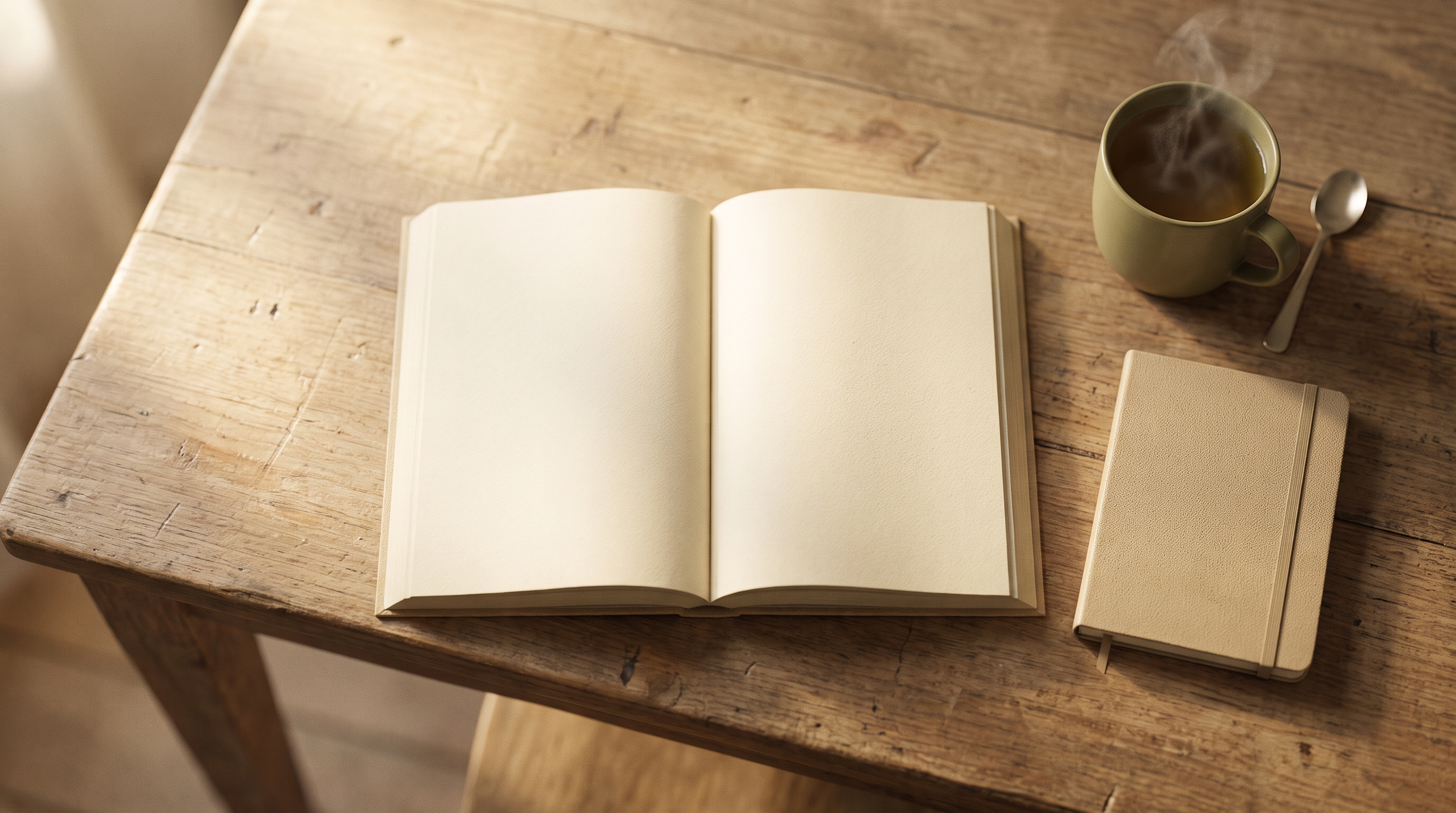 Overhead view of an open Qur'an on a wooden table with a notebook and a cup of tea in warm morning light.