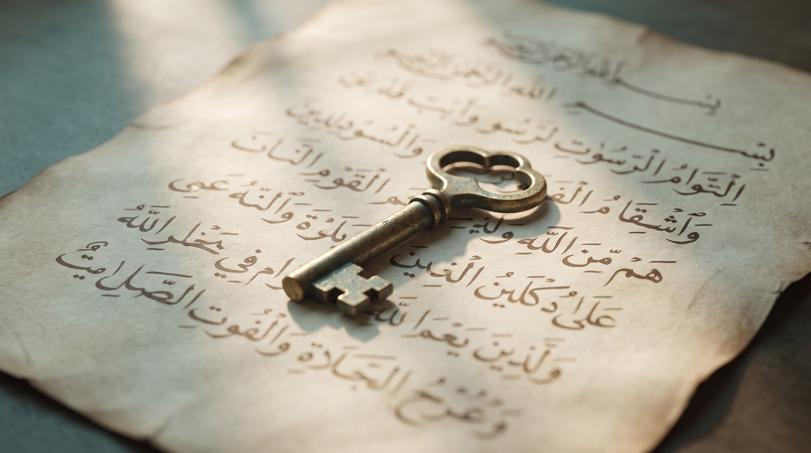 An antique brass key resting on a page of Arabic calligraphy, symbolising the meaning of Al-Fattah as The Opener.