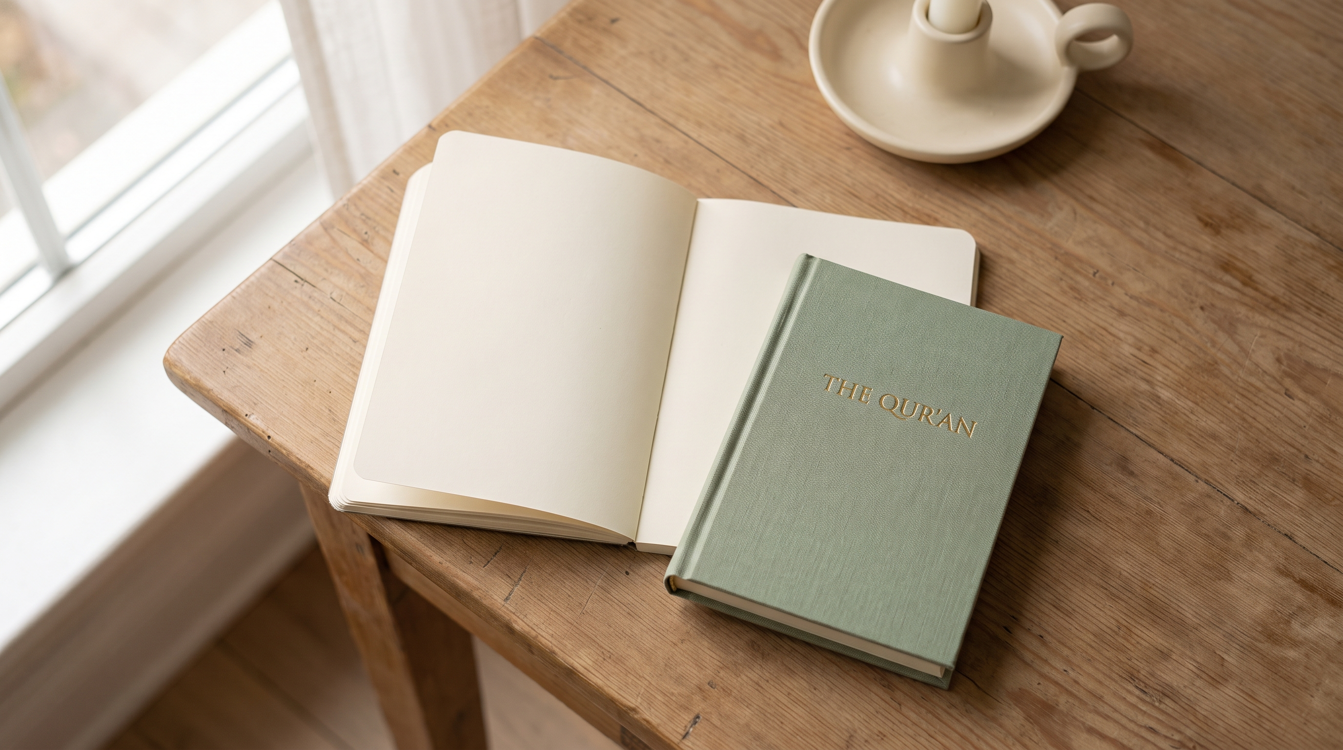 Overhead view of a small closed Qur'an next to an open notebook on a wooden table in soft morning light, a calming still-life.
