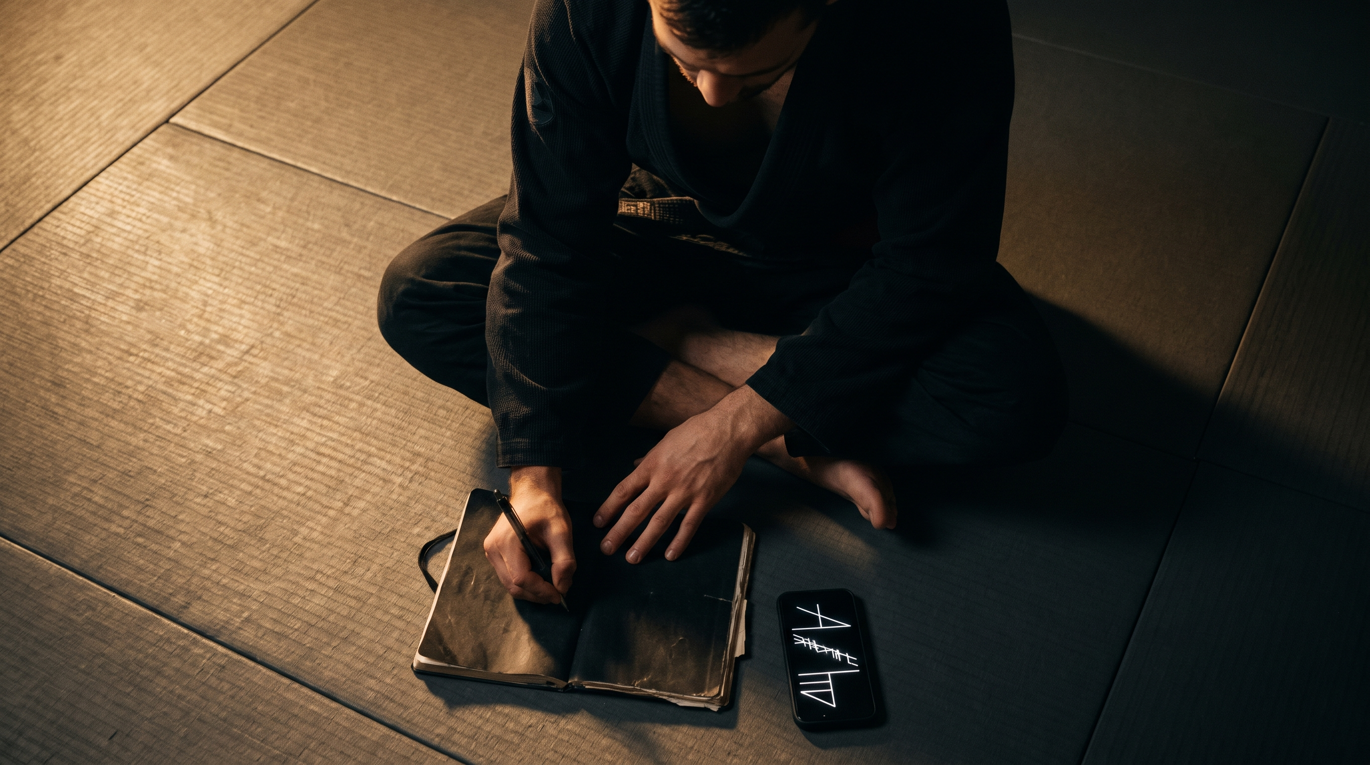 A jiu-jitsu practitioner in a black gi writing technique notes on a tatami mat next to a smartphone.
