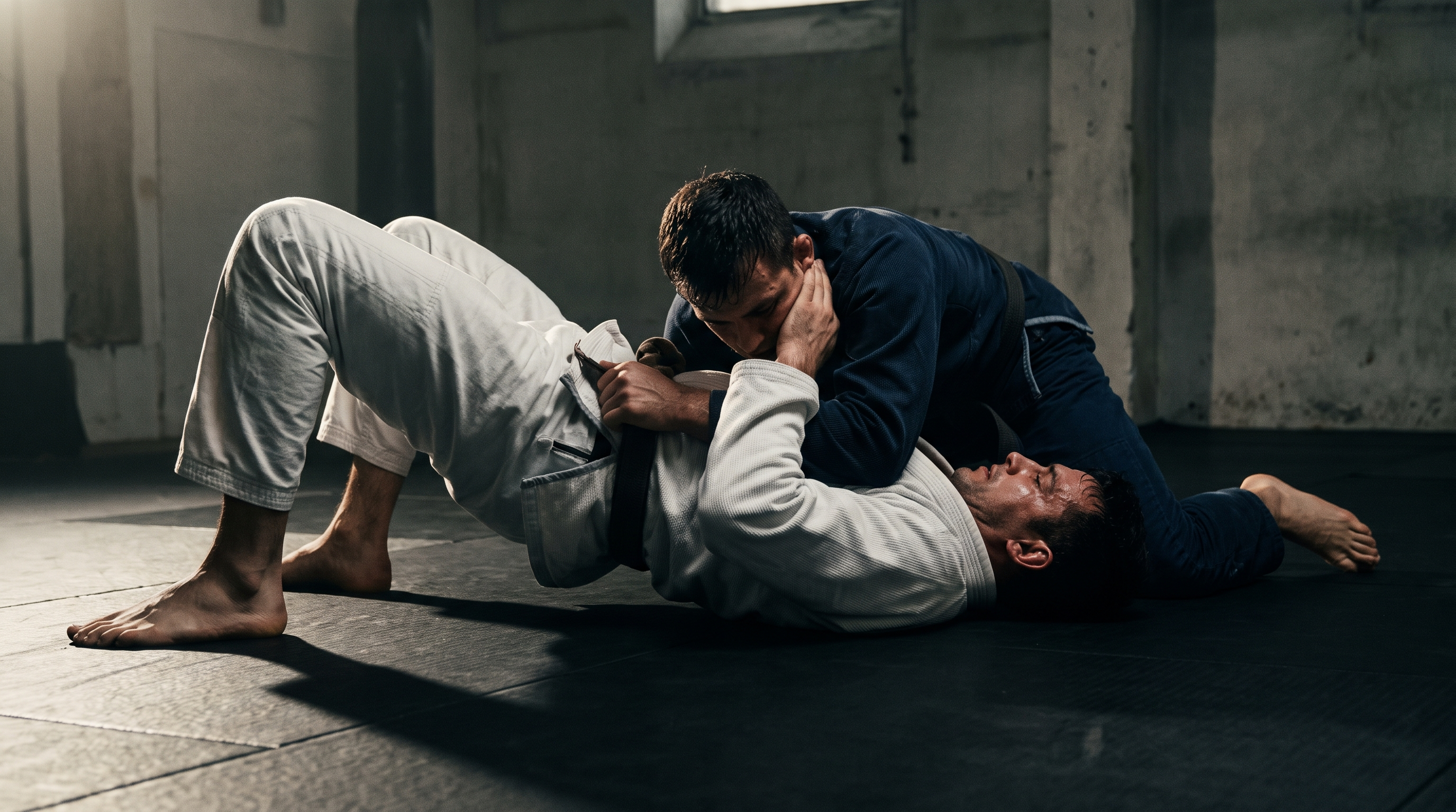 White belt bridging and framing to escape the mount position during BJJ training.