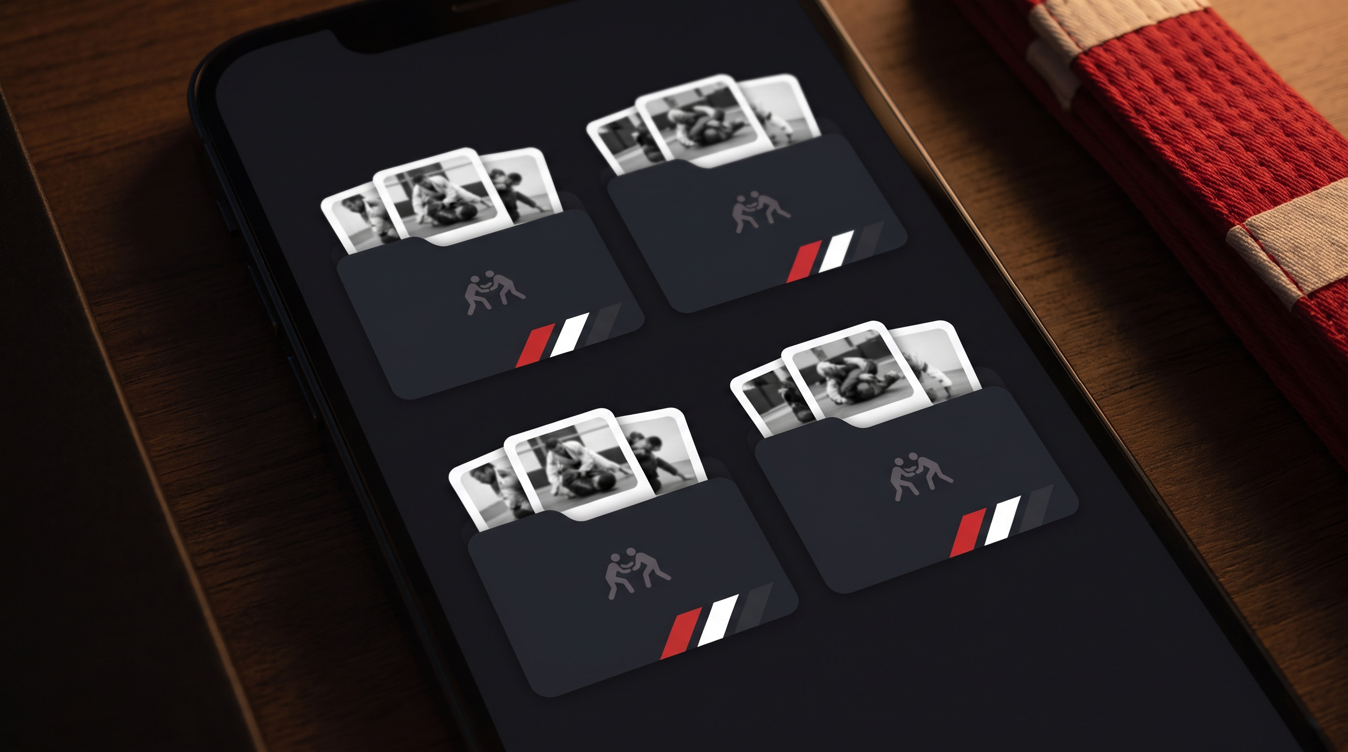 Dark-mode concept of a BJJ technique library organized into folders by position on a mobile screen.
