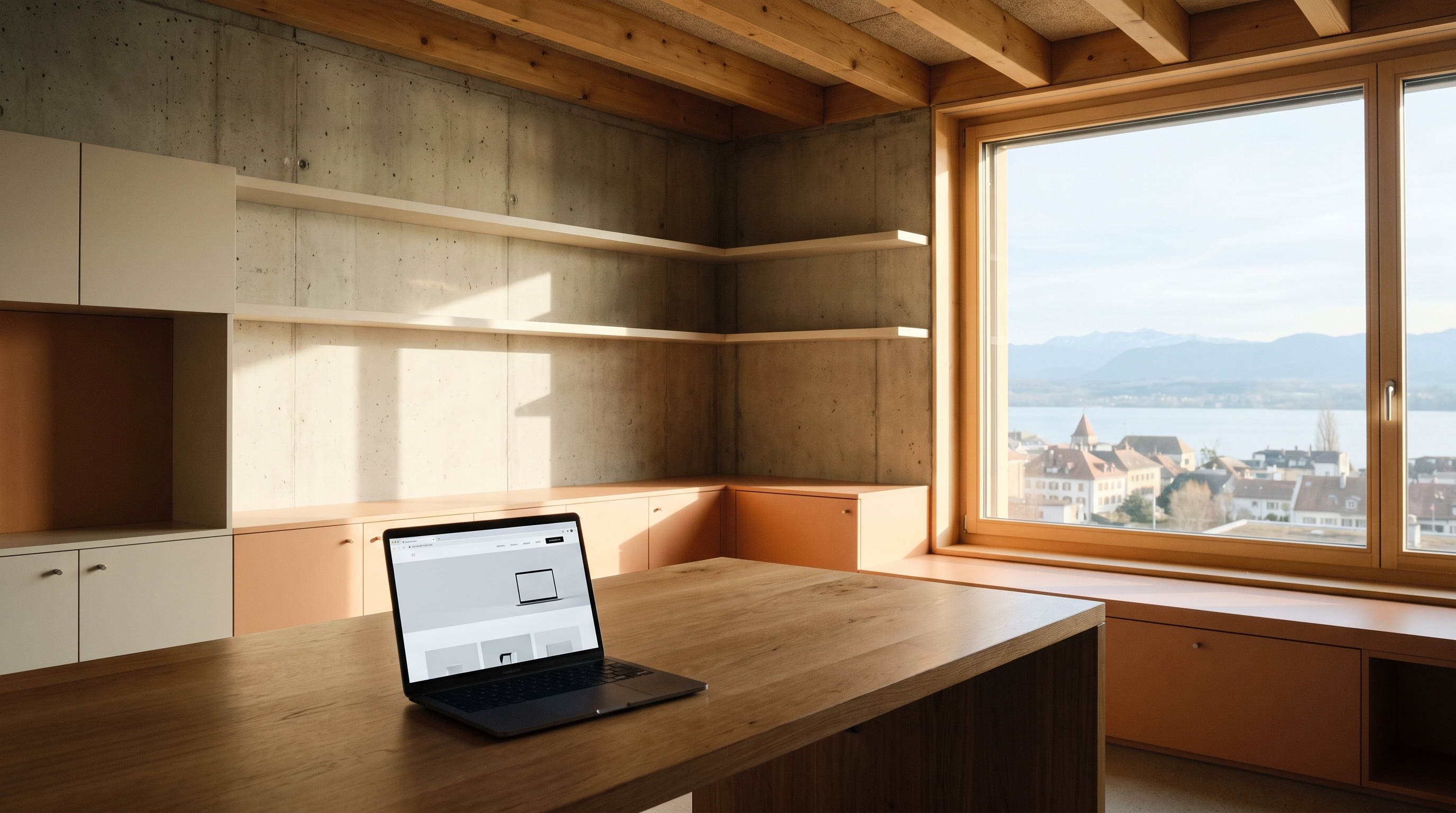 Bureau d'une PME à Yverdon-les-Bains avec ordinateur portable affichant une maquette de site web moderne, vue sur le lac et le Jura.
