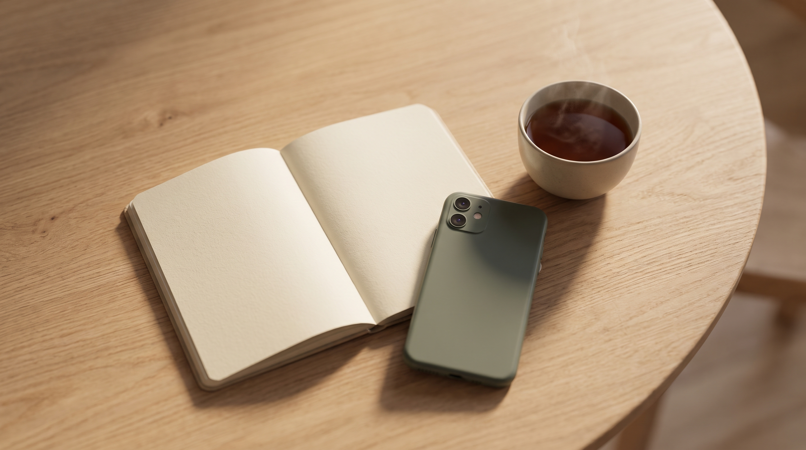 An open notebook, a face-down smartphone and a small cup of tea arranged on a wooden table in soft morning light.