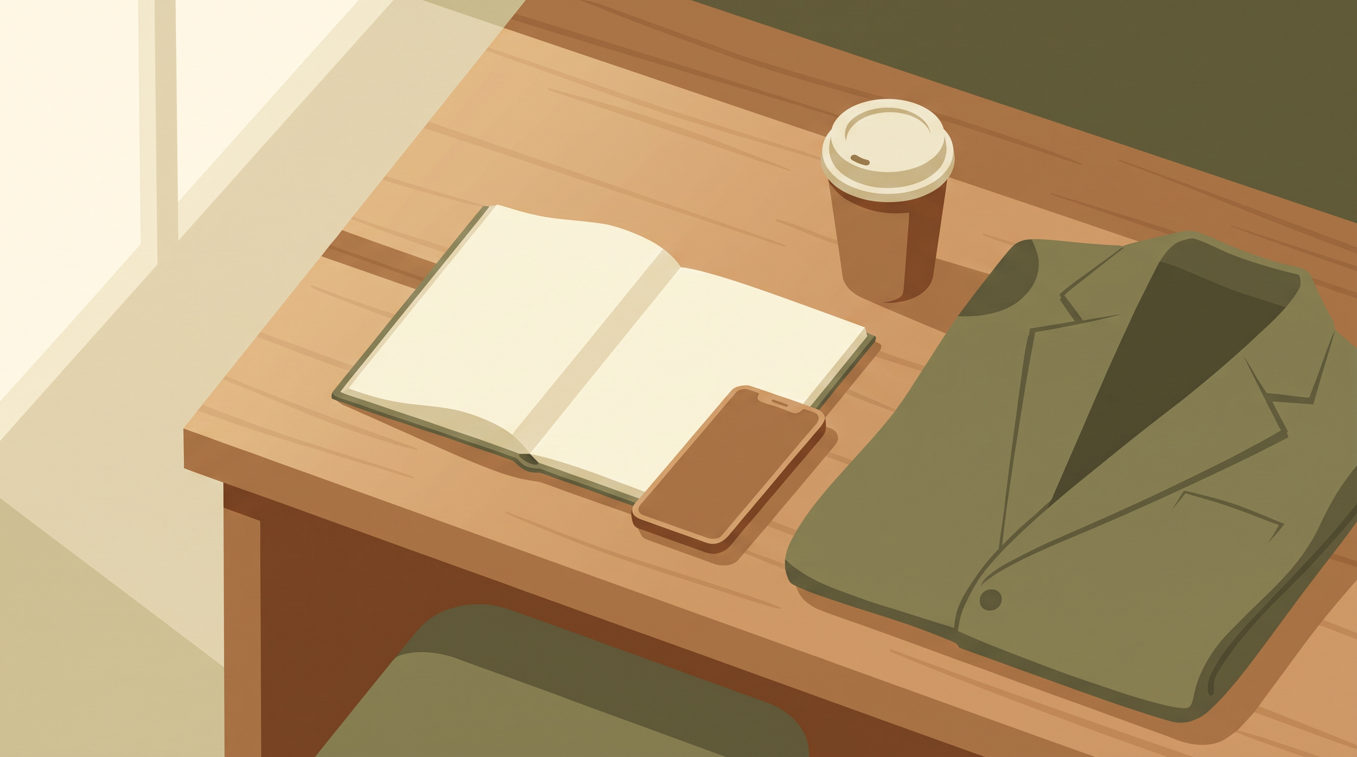 An open notebook and smartphone on a wooden desk beside a coffee cup and folded suit jacket in soft morning light, suggesting a quiet work-day moment for Qur'an memorization.
