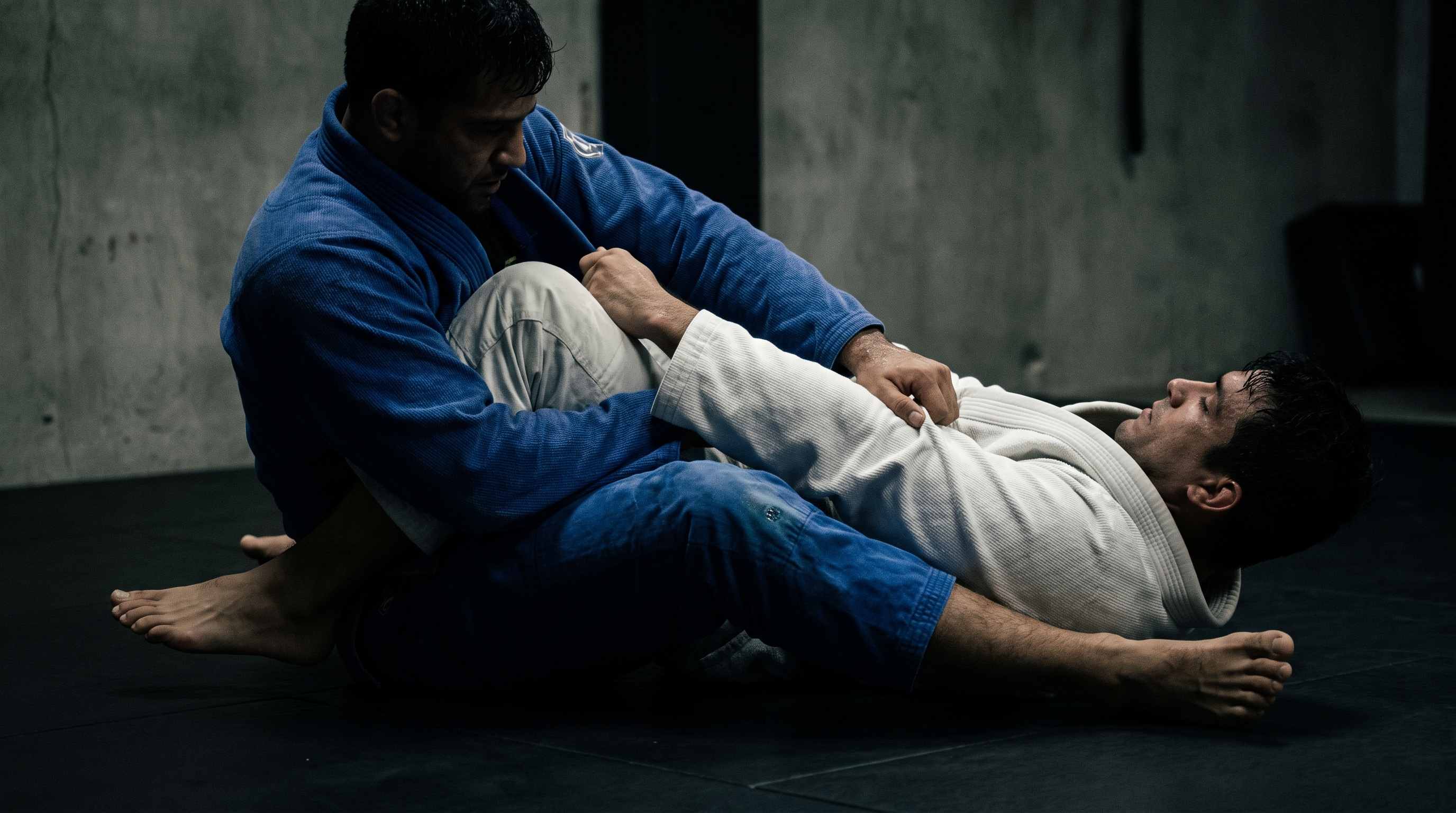 Two BJJ practitioners drilling an armbar from closed guard on a dark mat.