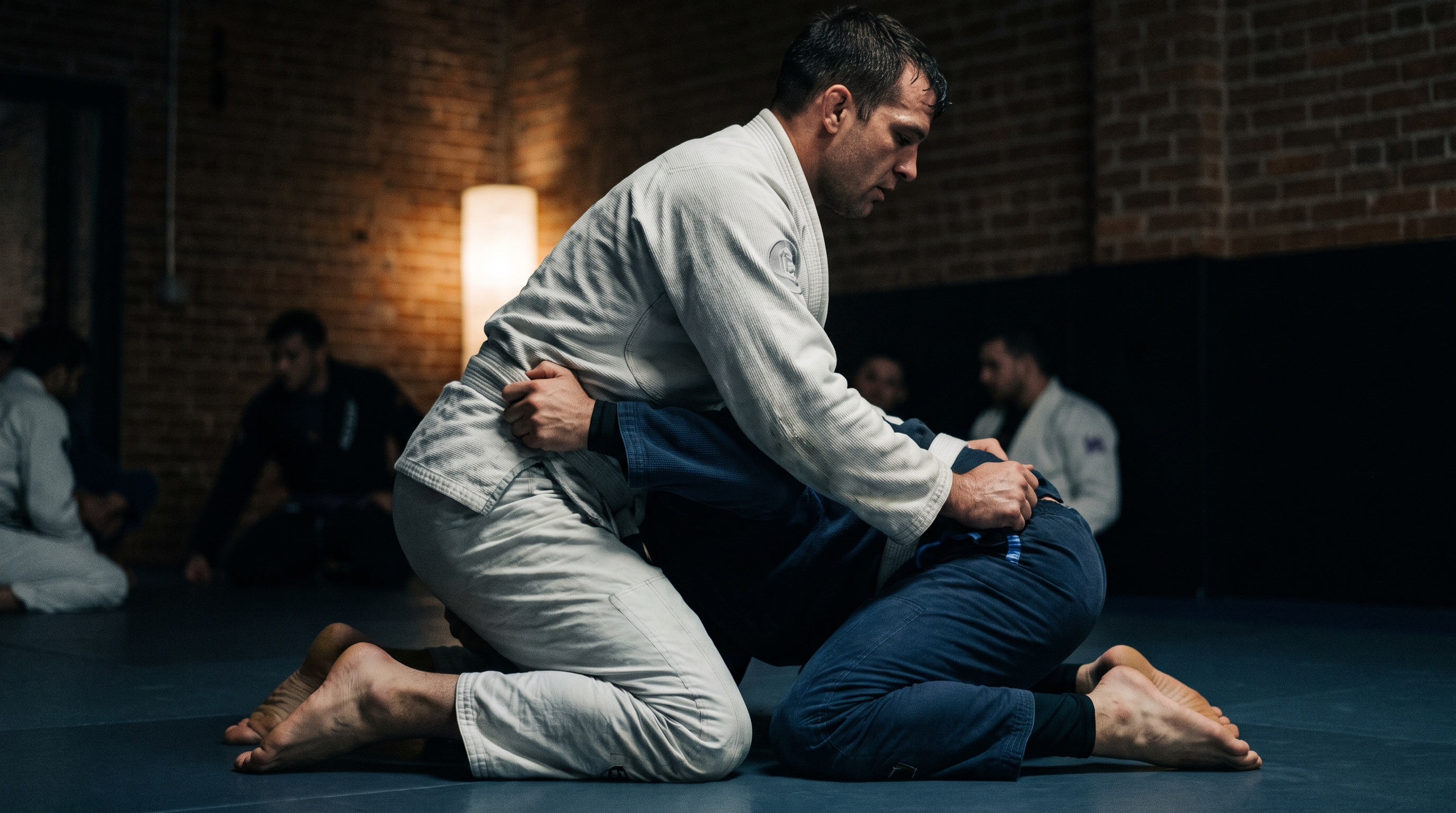 Top BJJ practitioner maintaining posture inside closed guard while gripping the bottom player's hips before passing.