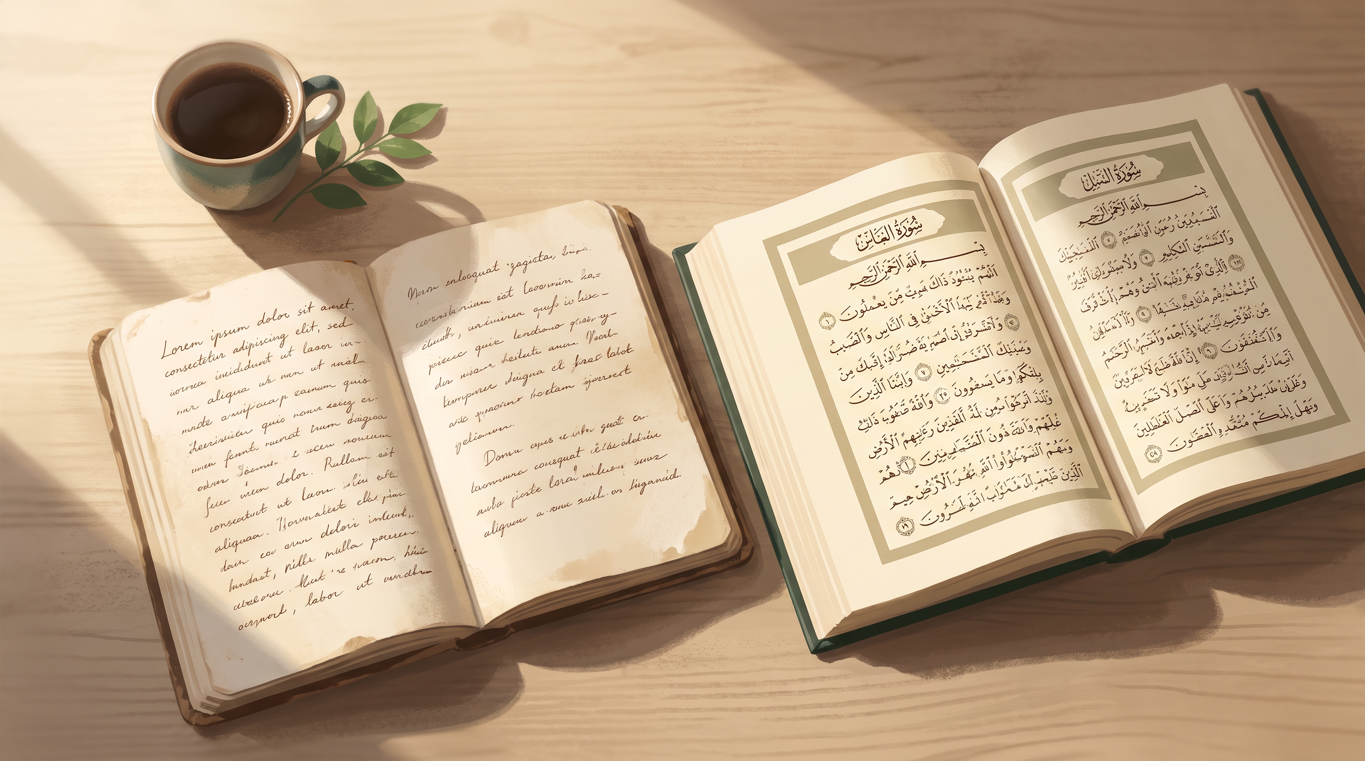 Open notebook next to an open Qur'an on a wooden desk in warm morning light