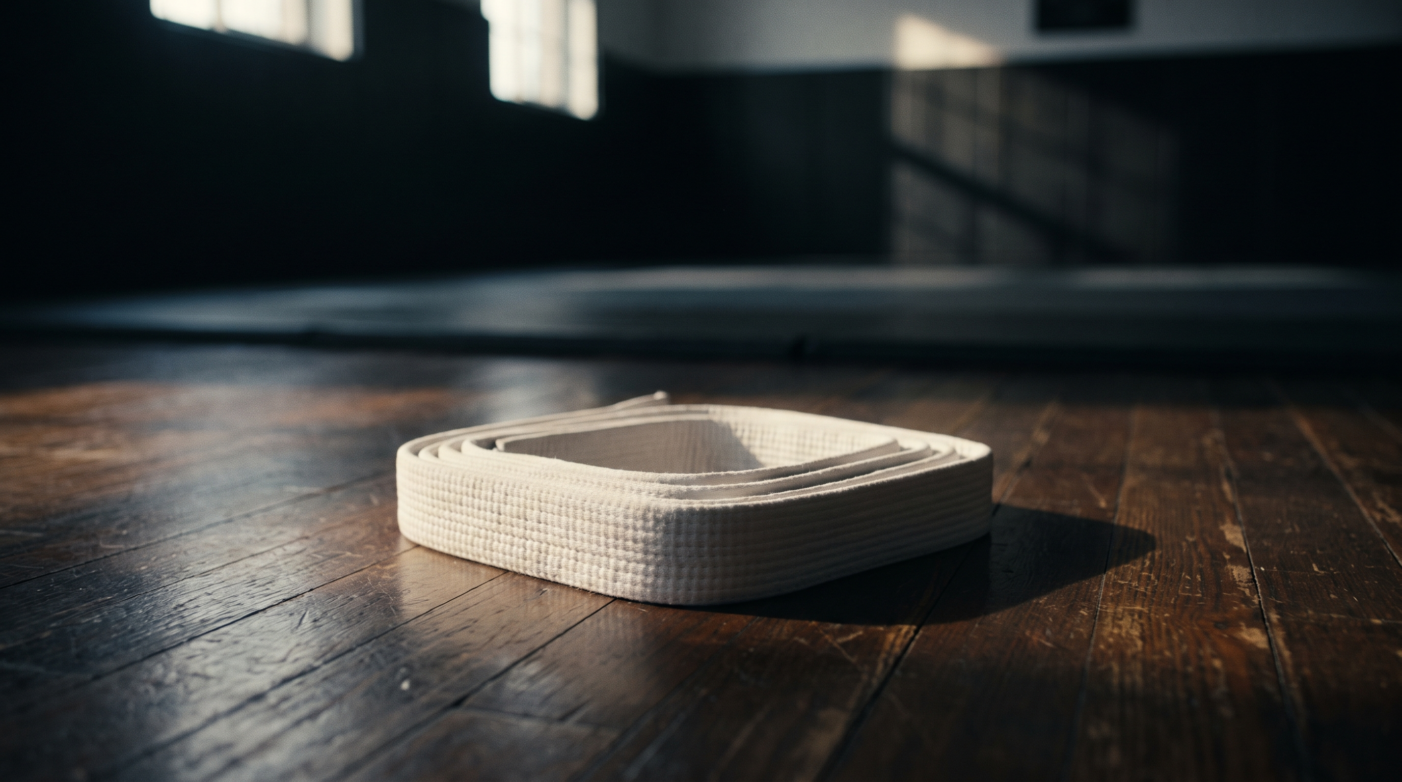 A folded white BJJ belt on a dark dojo floor, symbolizing the beginner journey.