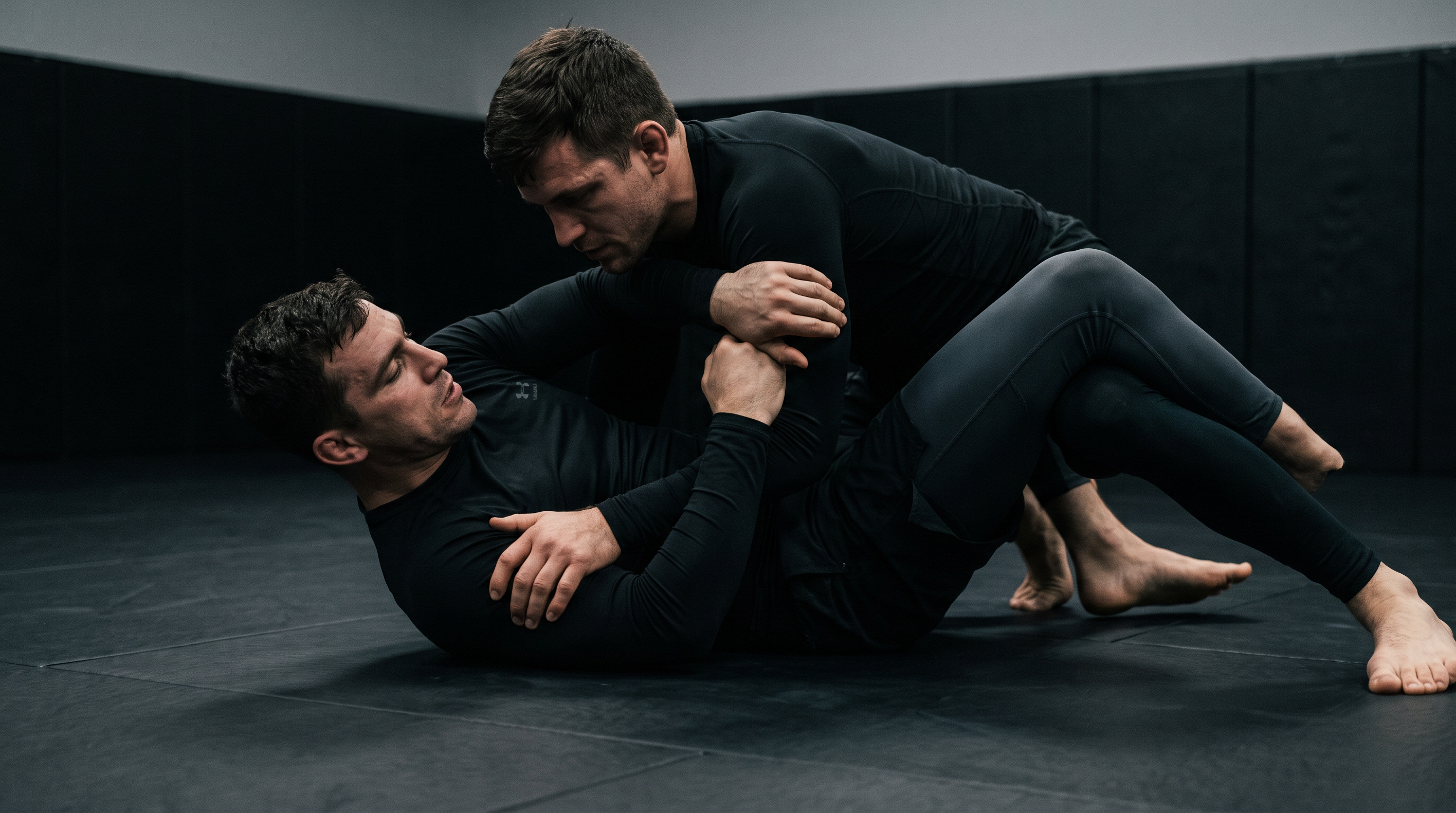 Two BJJ practitioners drilling half guard bottom with the underhook on a black mat under moody studio lighting