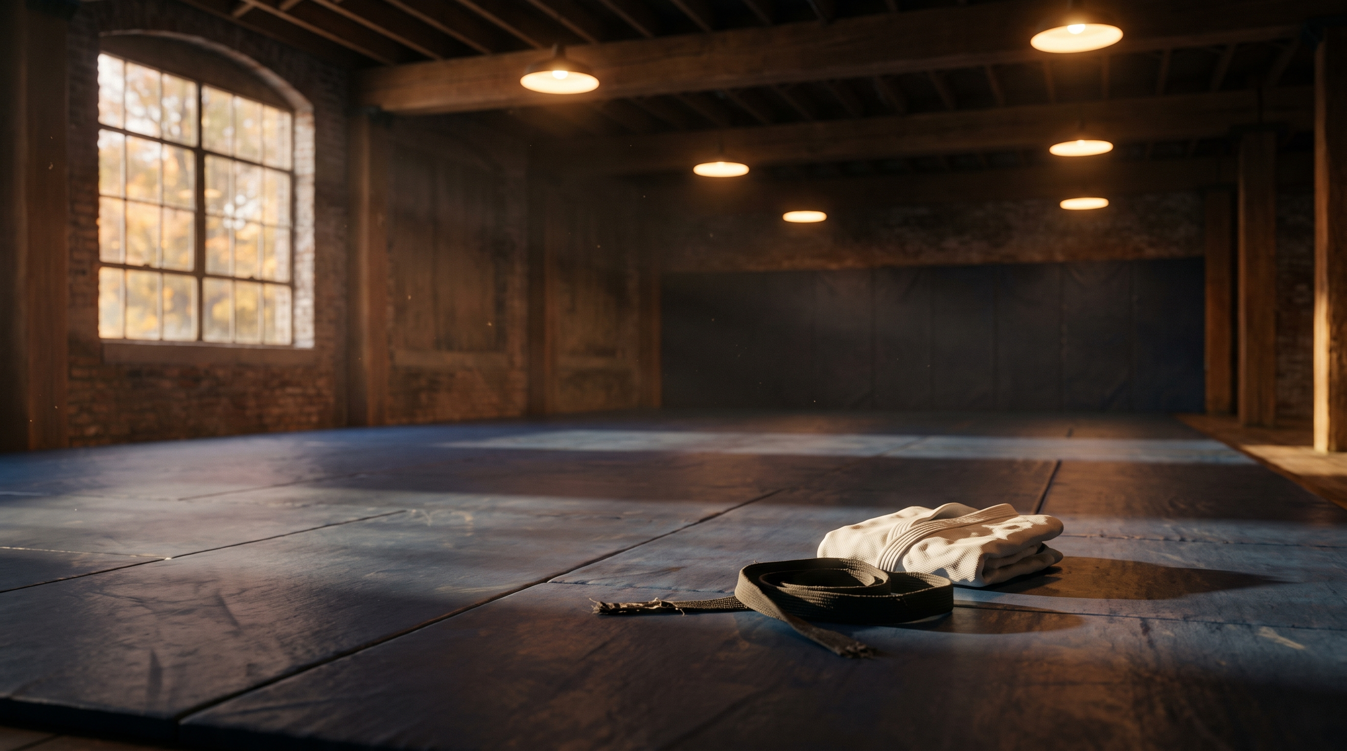 Empty BJJ academy at dusk with a folded gi on dark blue mats, symbolizing a return to training after a summer break.