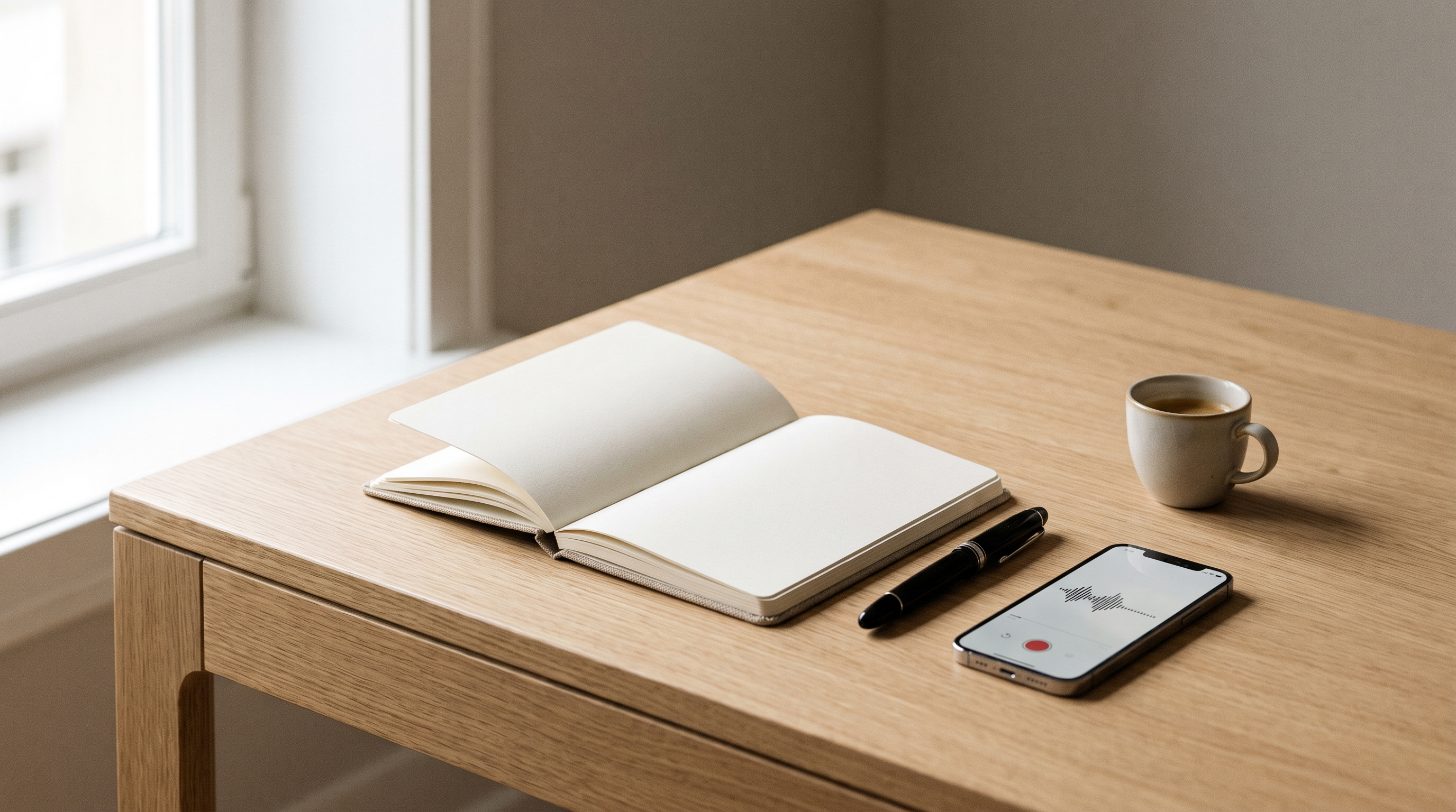 Carnet ouvert, stylo et smartphone avec dictée vocale sur un bureau en bois, lumière naturelle.