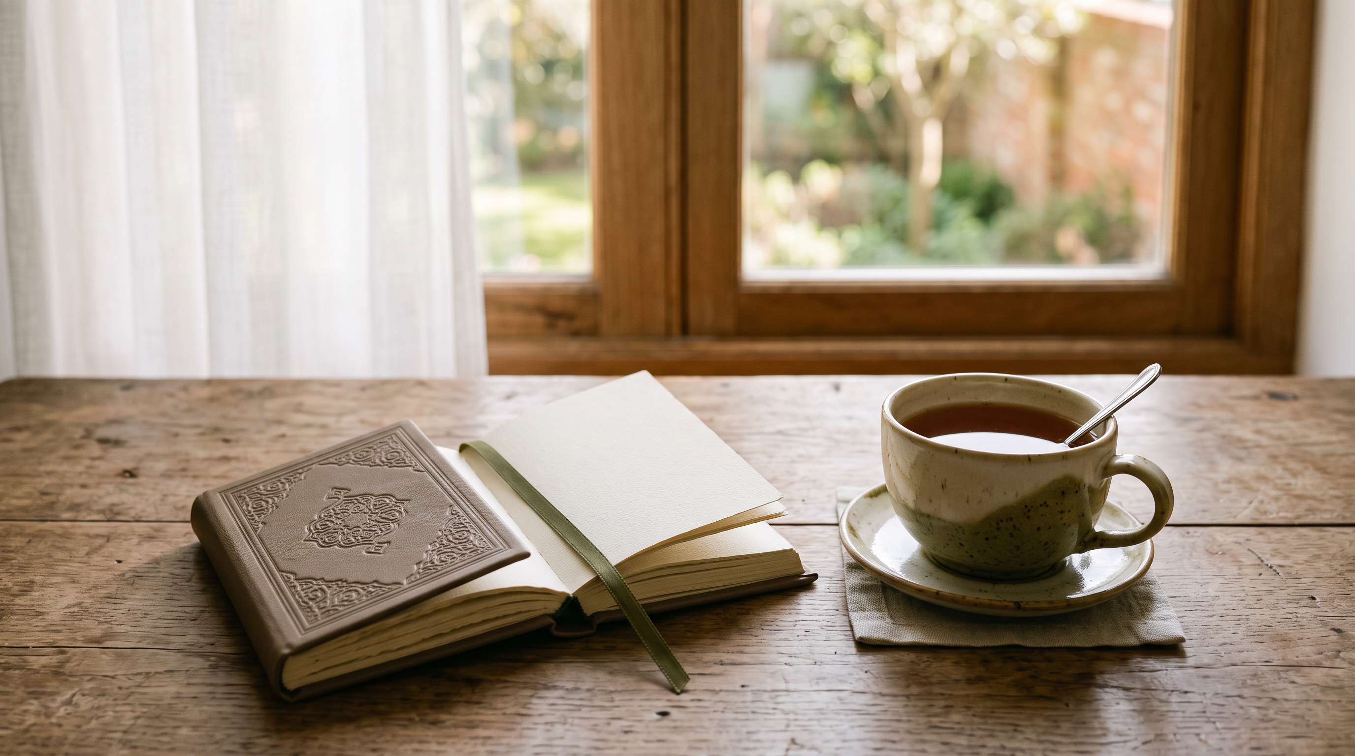 Overhead view of a small open dua book on a wooden desk beside a cup of tea, softly lit by morning light.