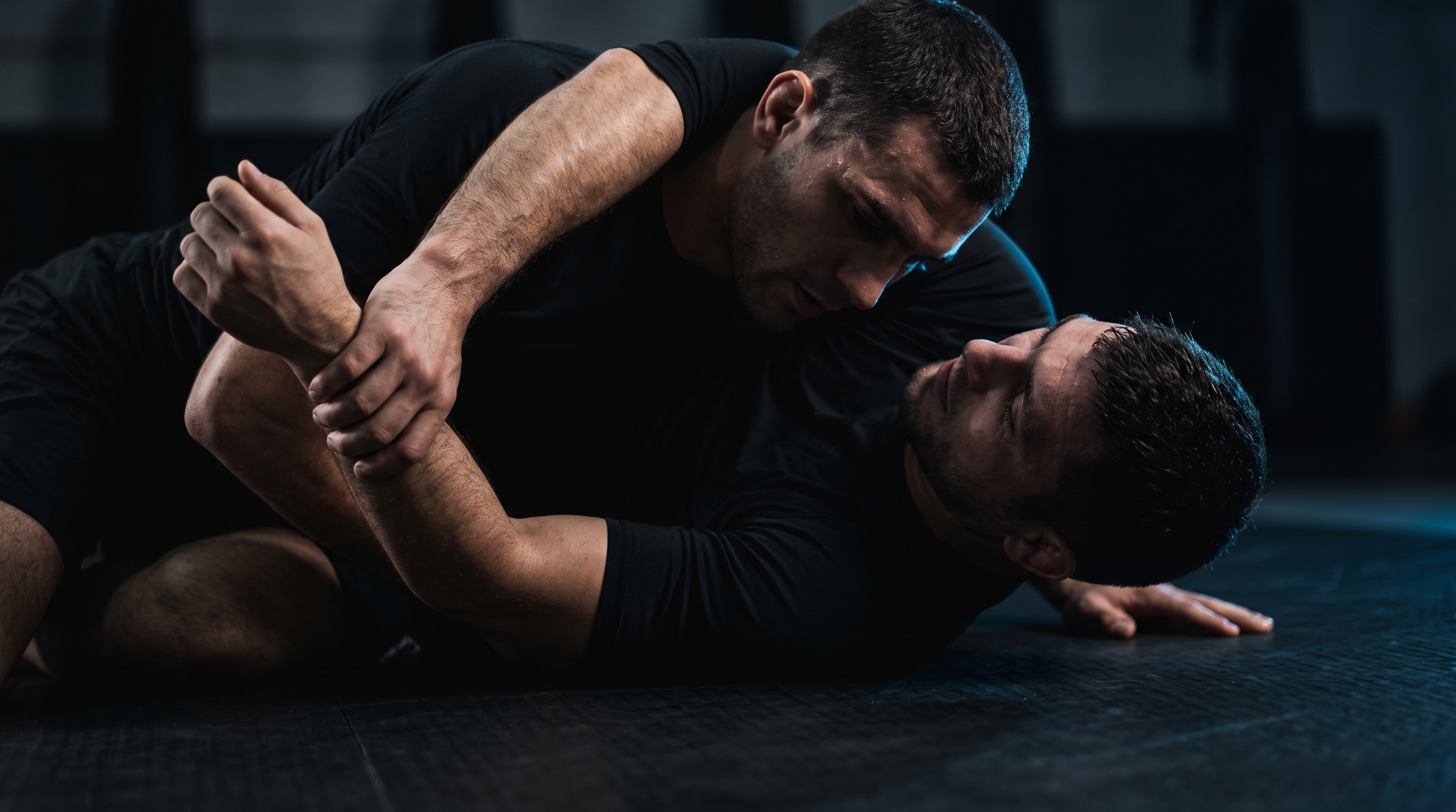 Top BJJ practitioner controlling a bent far arm with a figure-four grip from side control, setting up a kimura.