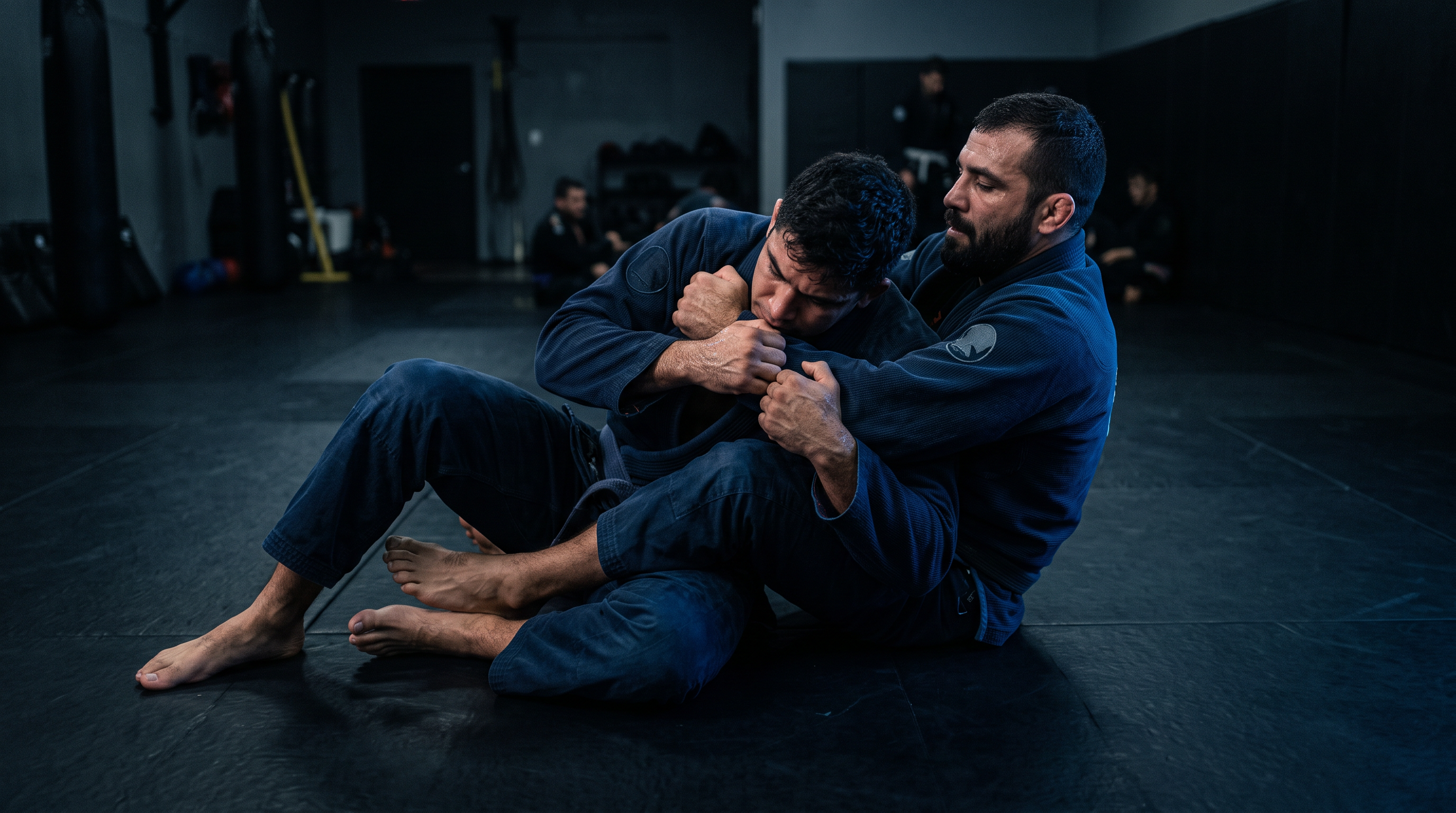 BJJ practitioner defending back control with a two-hand grip on the choking arm, chin tucked to the shoulder.