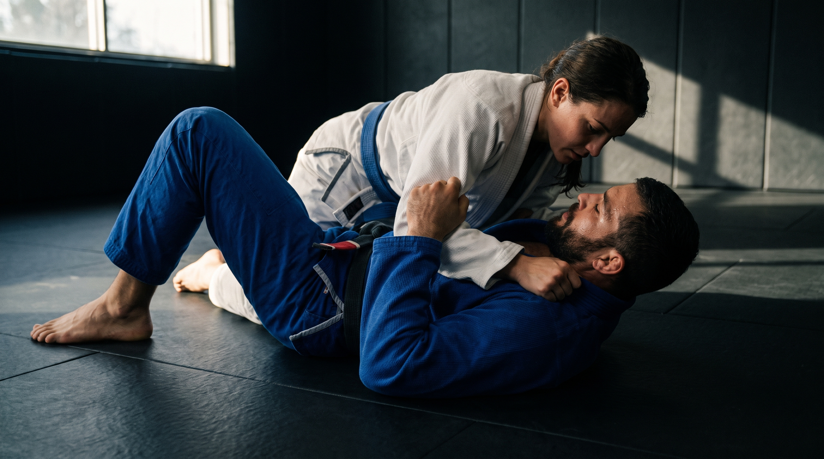 Two BJJ practitioners drilling closed guard on a dark mat, bottom player controlling posture with collar and sleeve grips.