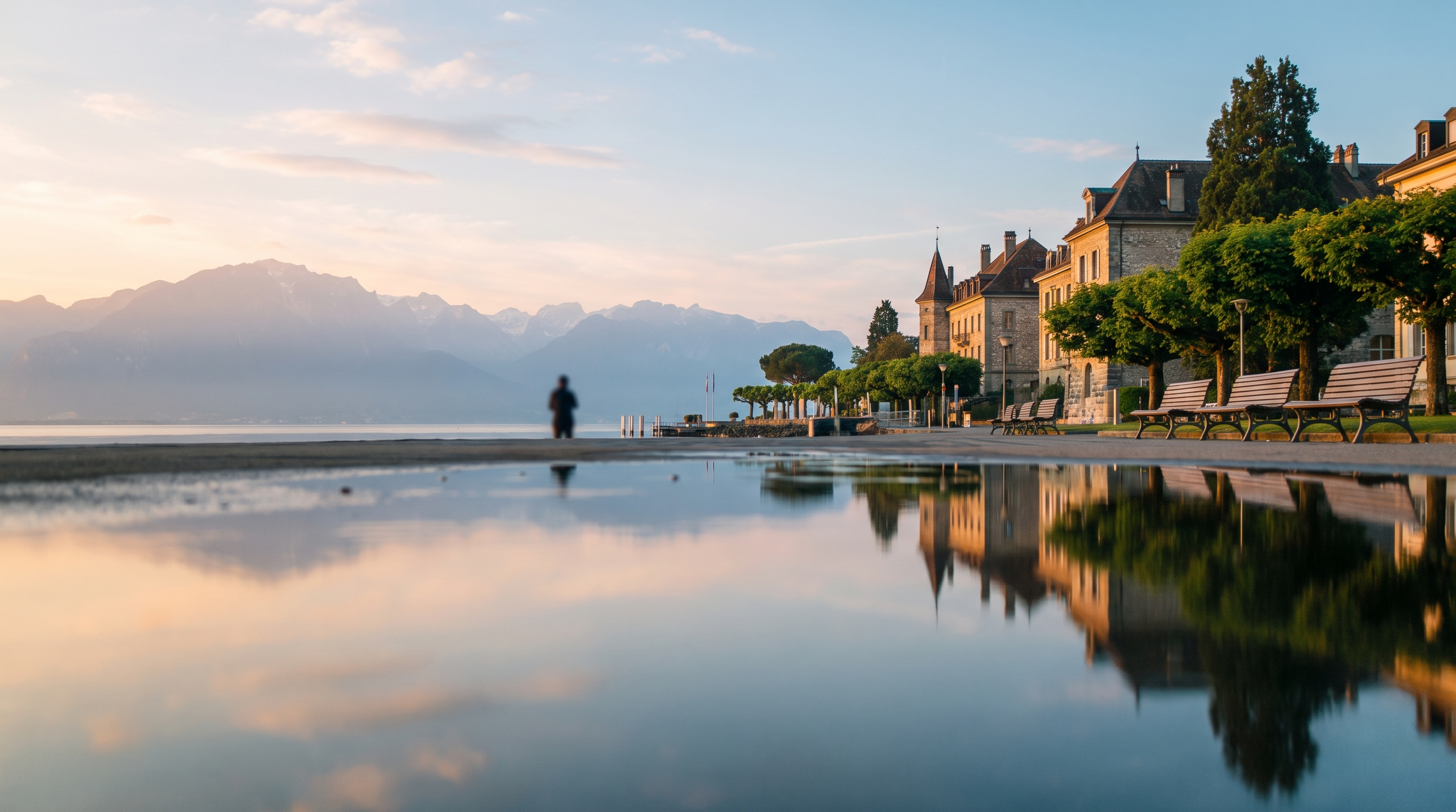 Vue de Vevey en bord de Léman avec les Alpes en arrière-plan, symbolisant l'ancrage local d'une agence web sur la Riviera.