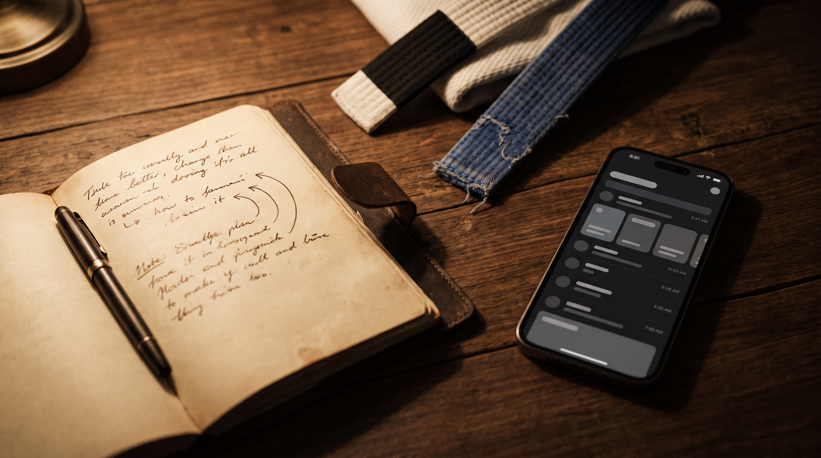 Open leather notebook and a smartphone displaying a dark-mode structured technique card, with a folded gi and blue belt on a wooden table.