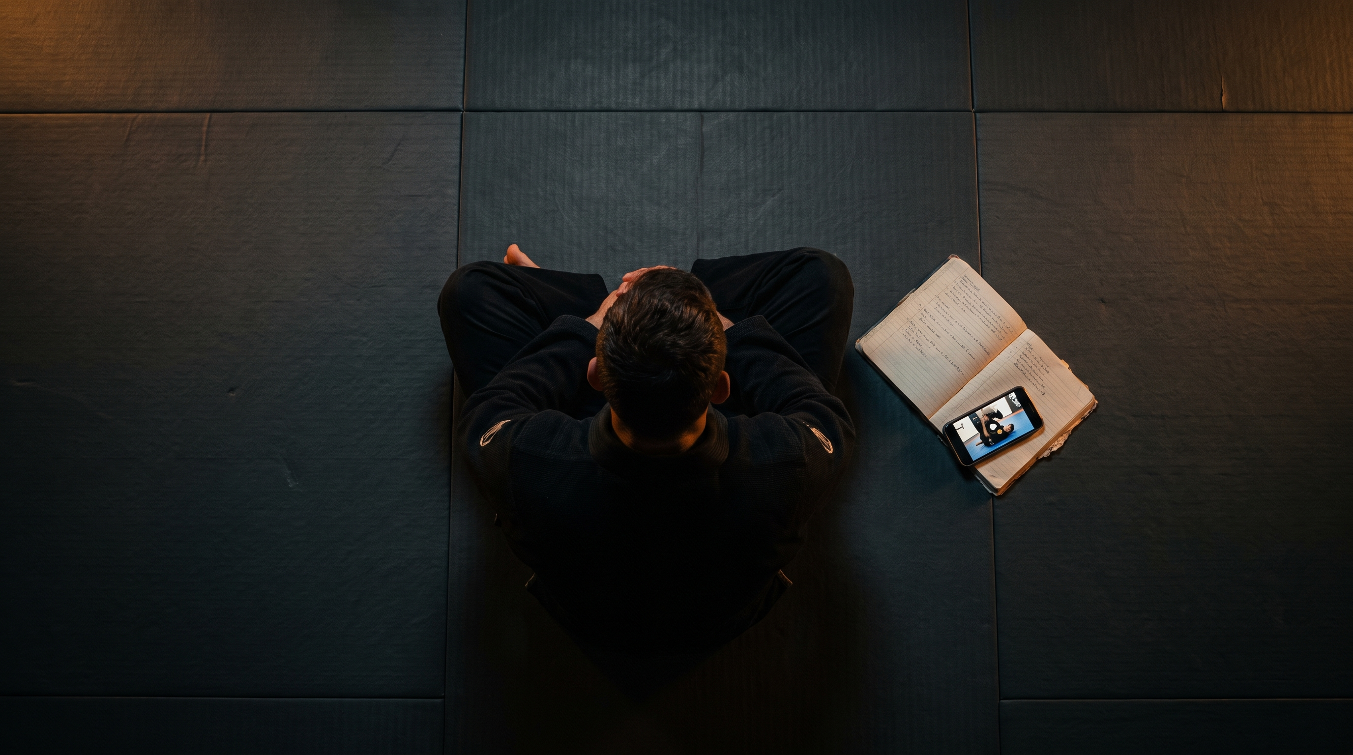 A grappler in a dark gi taking notes next to a paused BJJ instructional video on a phone.