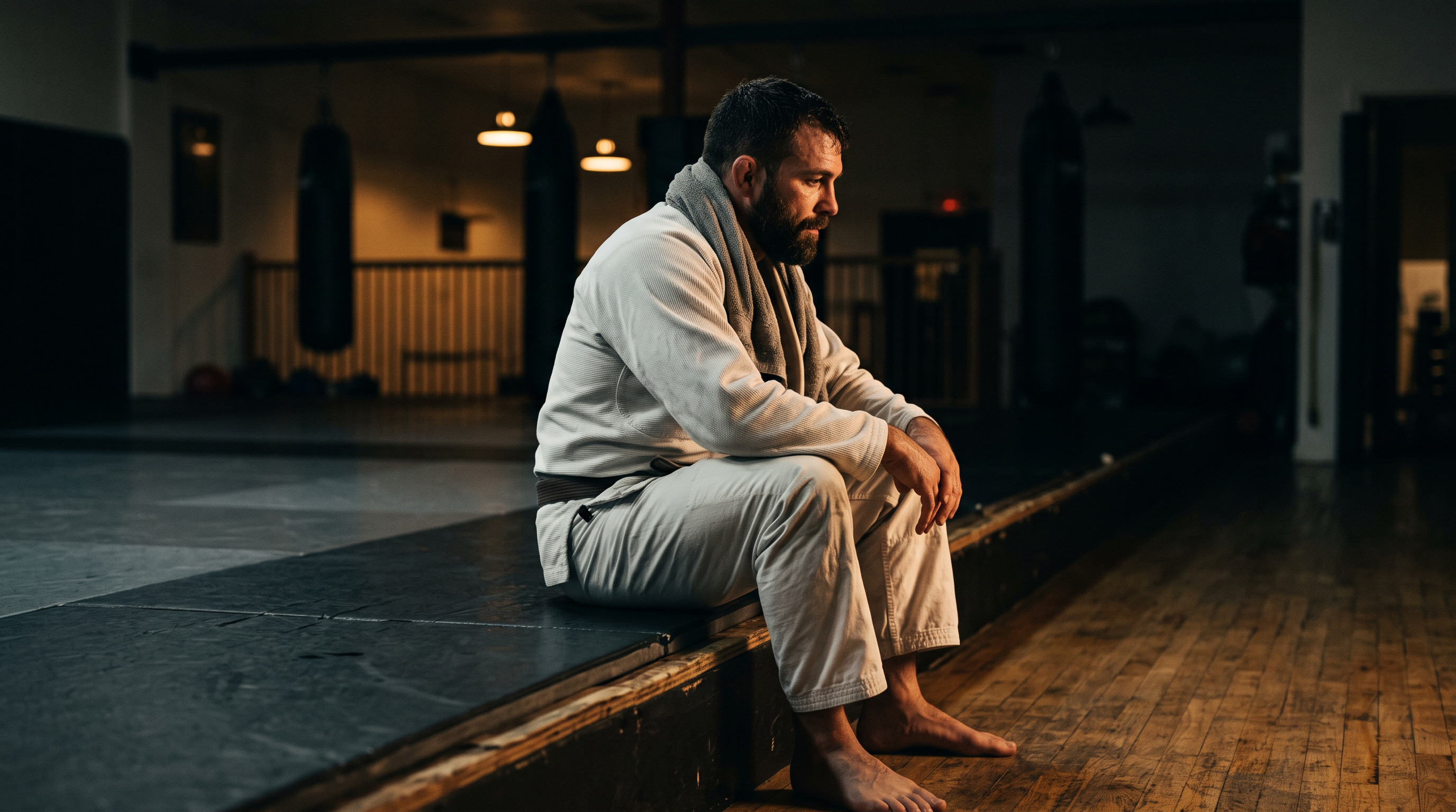 Adult BJJ hobbyist in a white gi sitting on the mat after class, reflecting on the session.