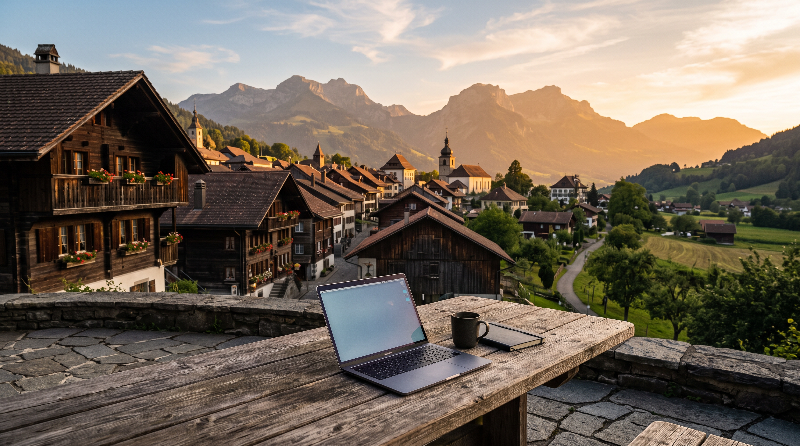 Vue d'un village de la Gruyère avec un ordinateur portable posé sur une table en bois, illustrant une PME fribourgeoise se digitalisant.