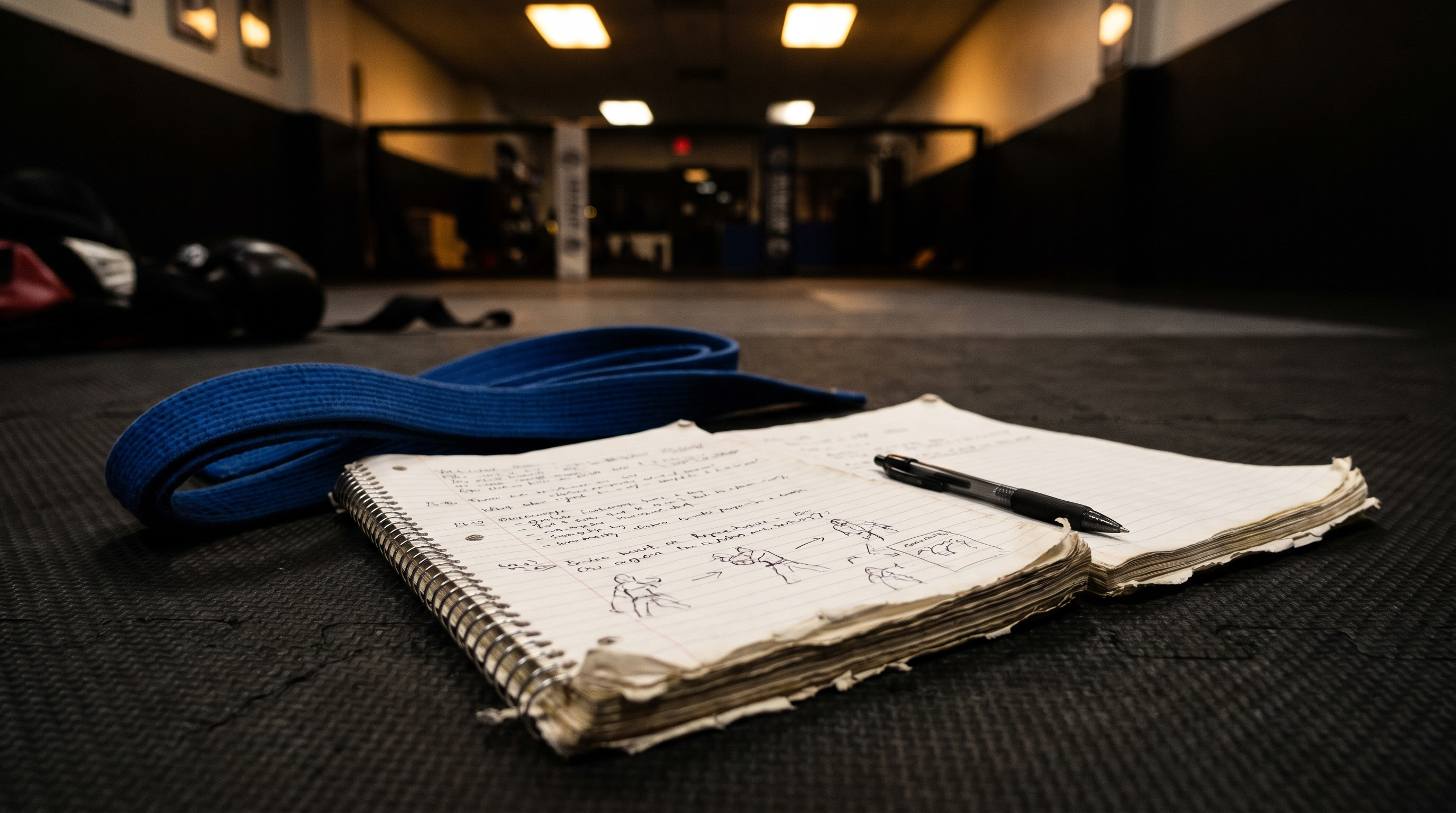 Open training journal and folded blue belt resting on a BJJ mat under warm gym lighting