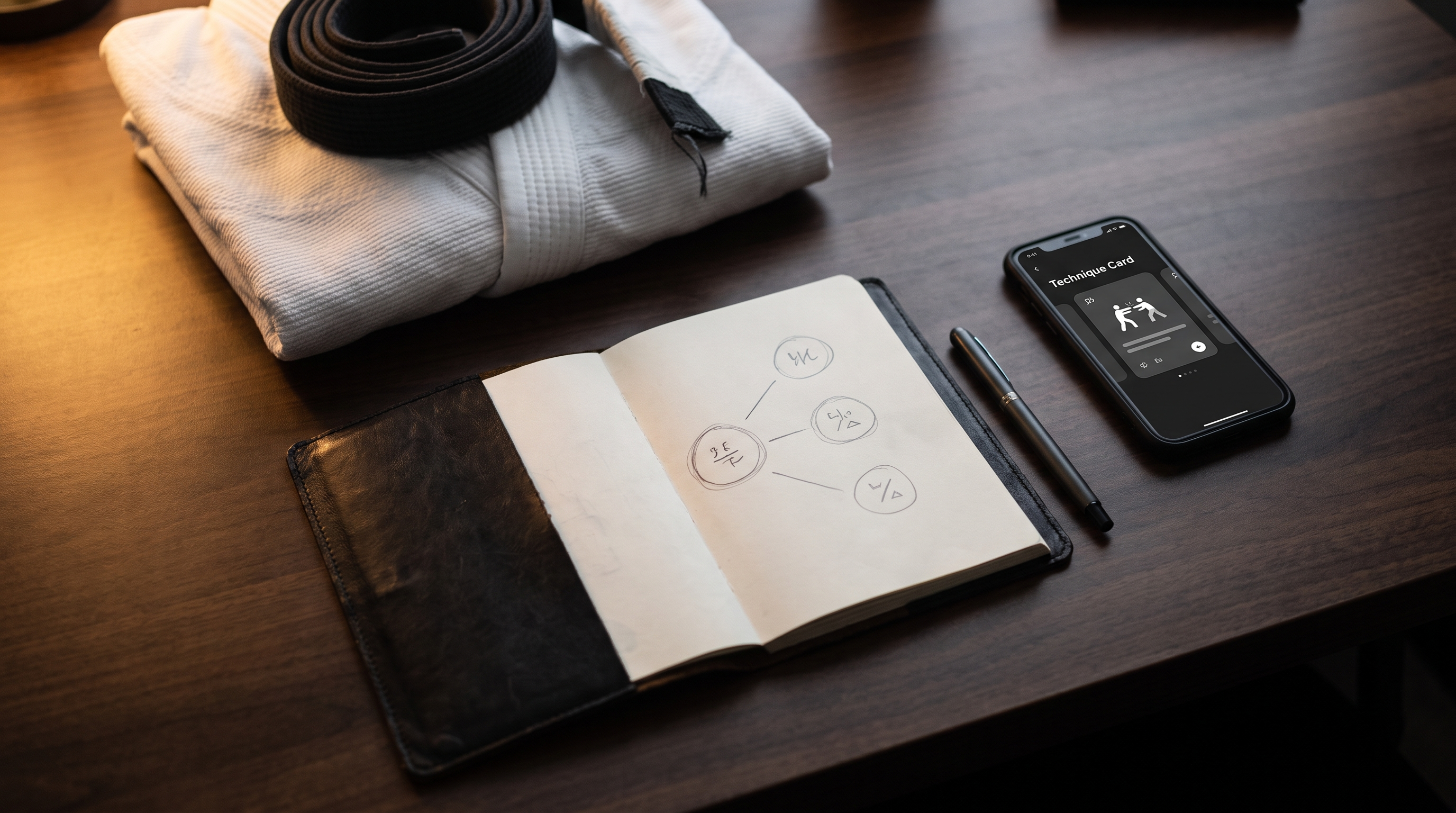 Overhead flat-lay of a BJJ notebook with a hand-drawn position tree, a phone showing a technique card, and a folded gi with a black belt.