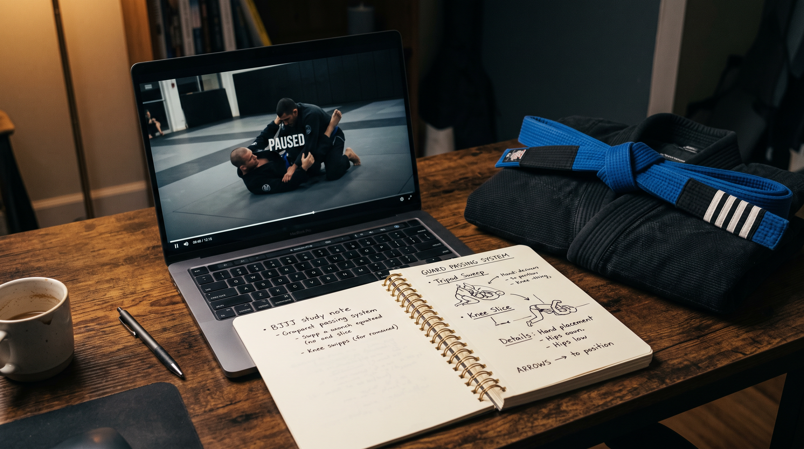 Laptop paused on a BJJ instructional video next to a notebook of technique notes and a folded gi.