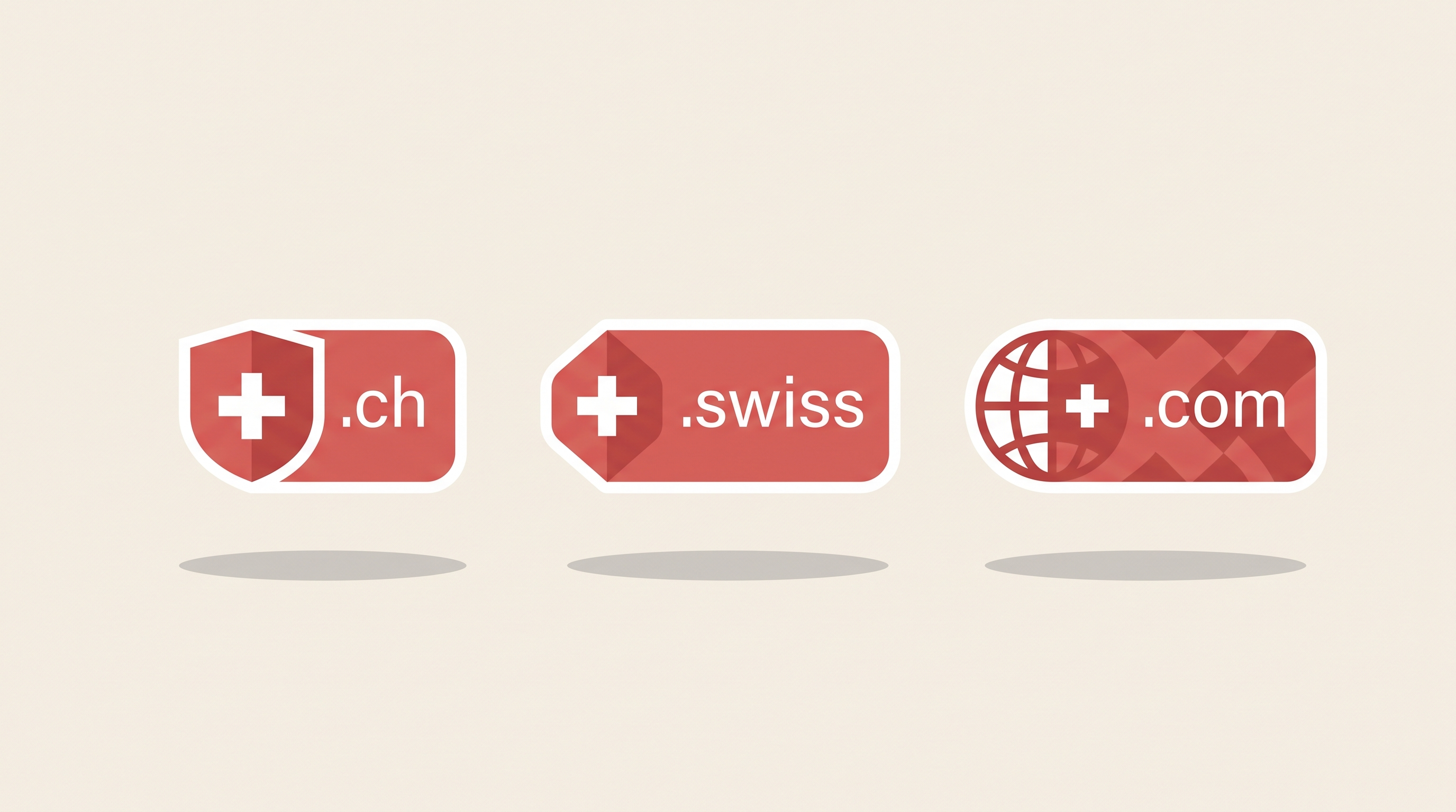 Trois étiquettes de nom de domaine .ch, .swiss et .com stylisées sur fond clair d'inspiration suisse.