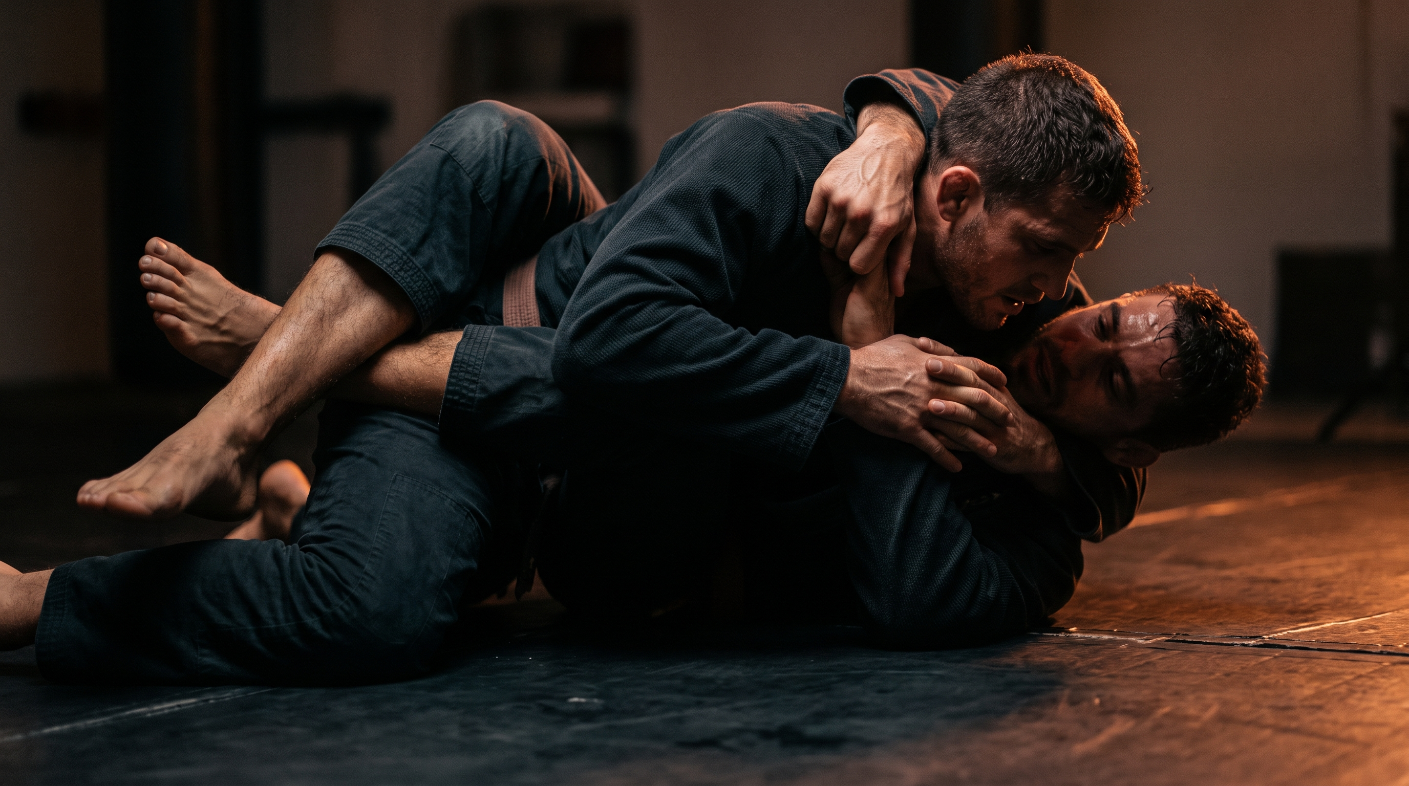 BJJ practitioner establishing a tight seatbelt grip from back control before setting up the rear naked choke.