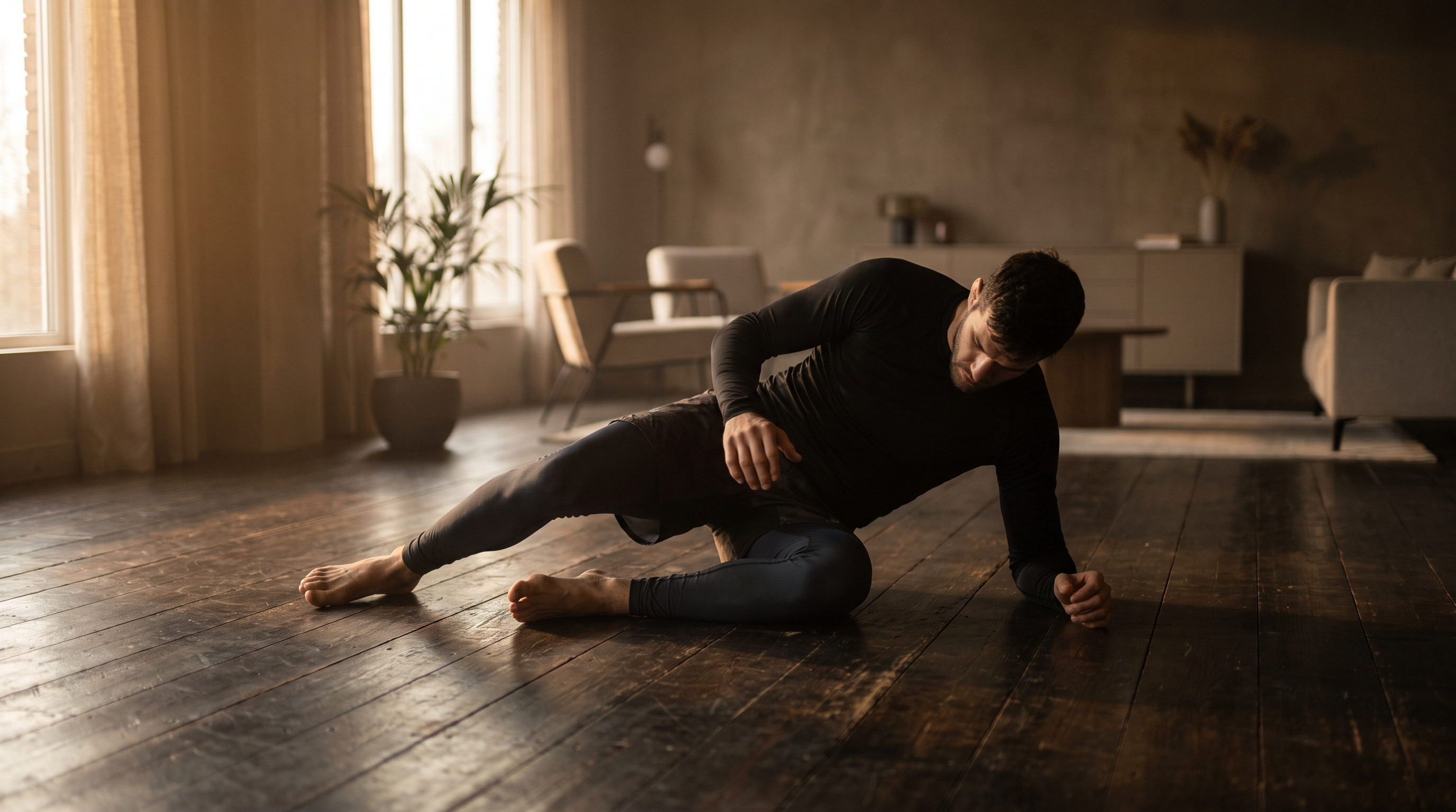 A grappler drilling a hip escape alone on a wooden floor in a minimalist apartment.